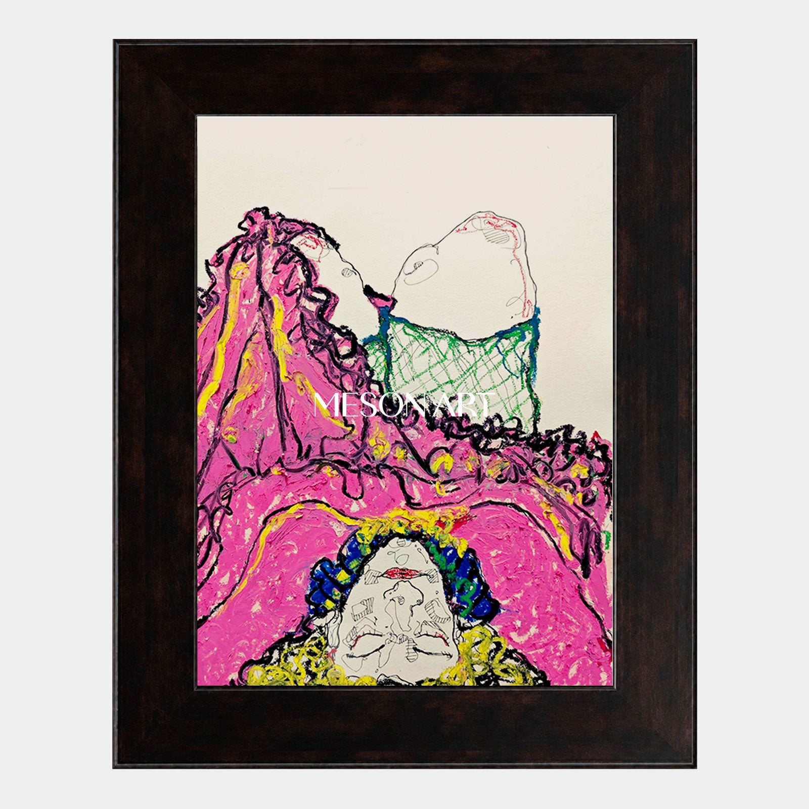 Modern Abstract Expressionist Painting With Pink And Yellow Figures For Living Room Decor