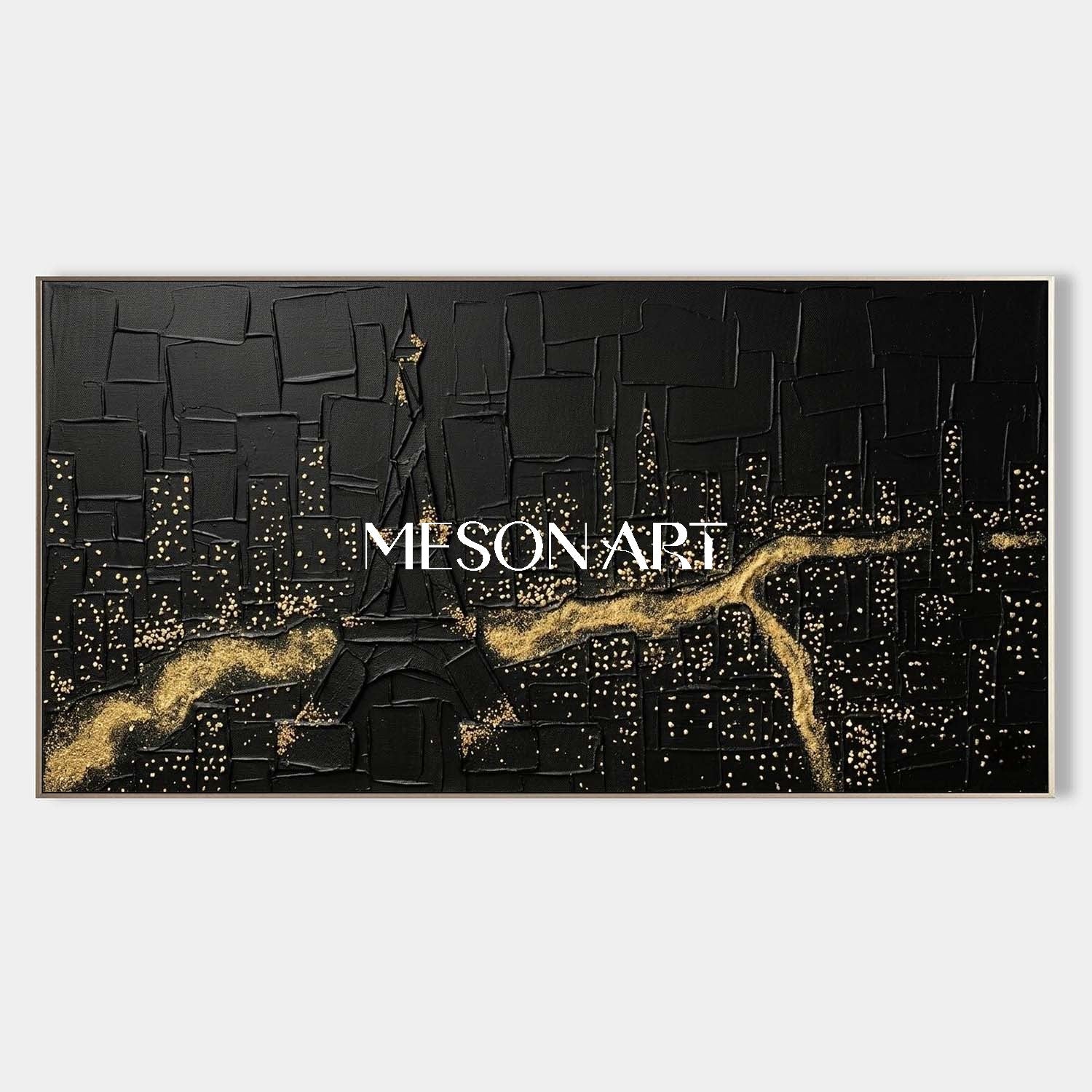 Large Abstract Forest Black Gold Canvas Minimalist Stardust Forest Aesthetic