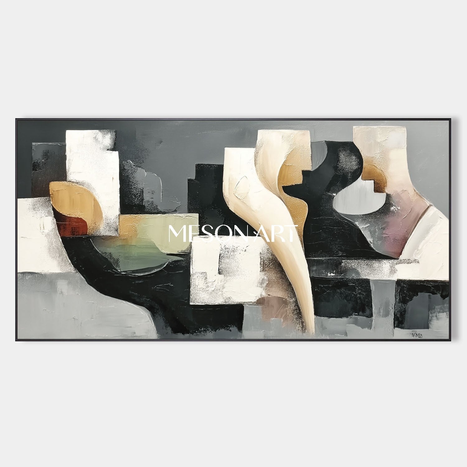 Black White Abstract Geometric Oil Painting Modern Textured Canvas Art