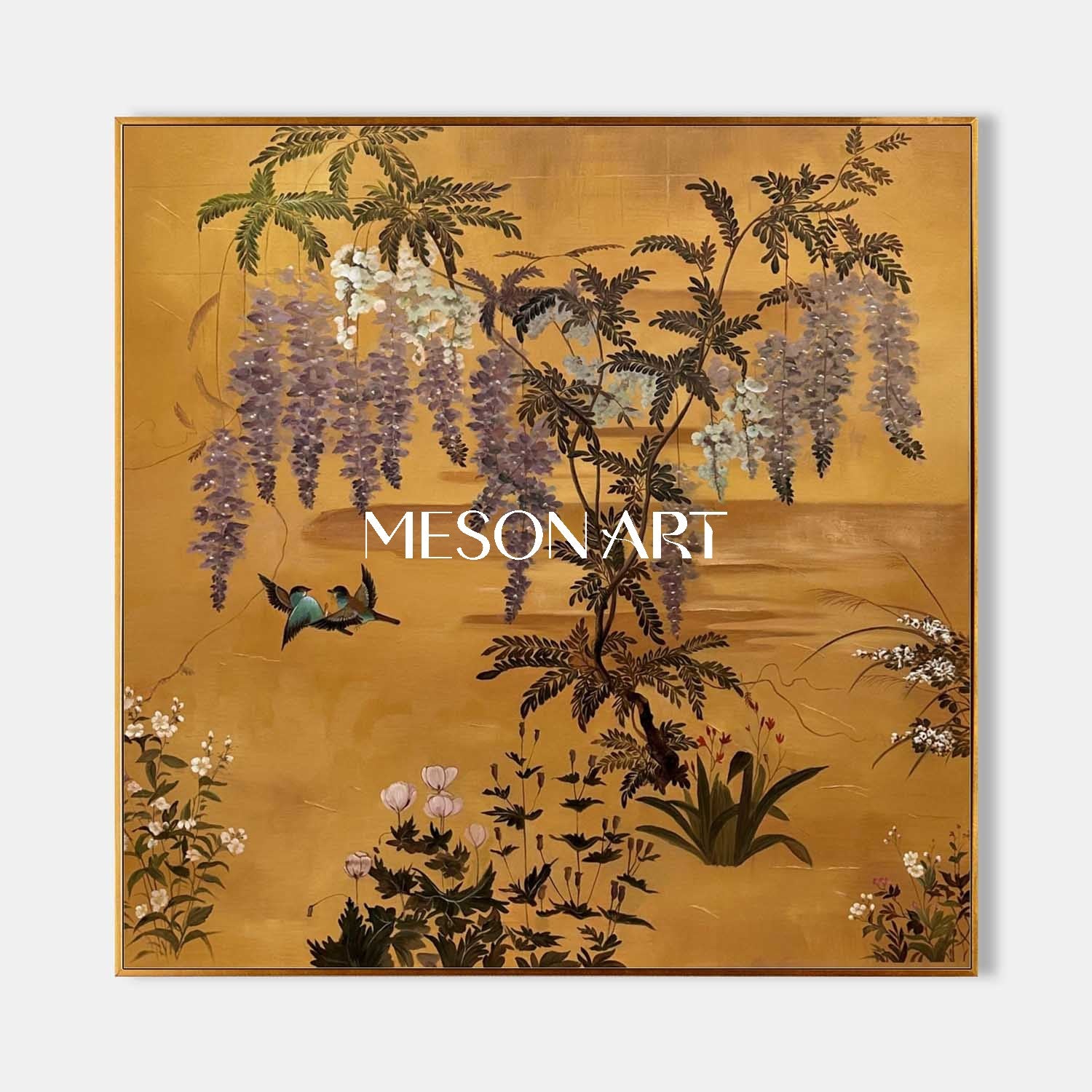 Vintage Gold Chinoiserie Floral Oil Painting Wall Art | MesonArt