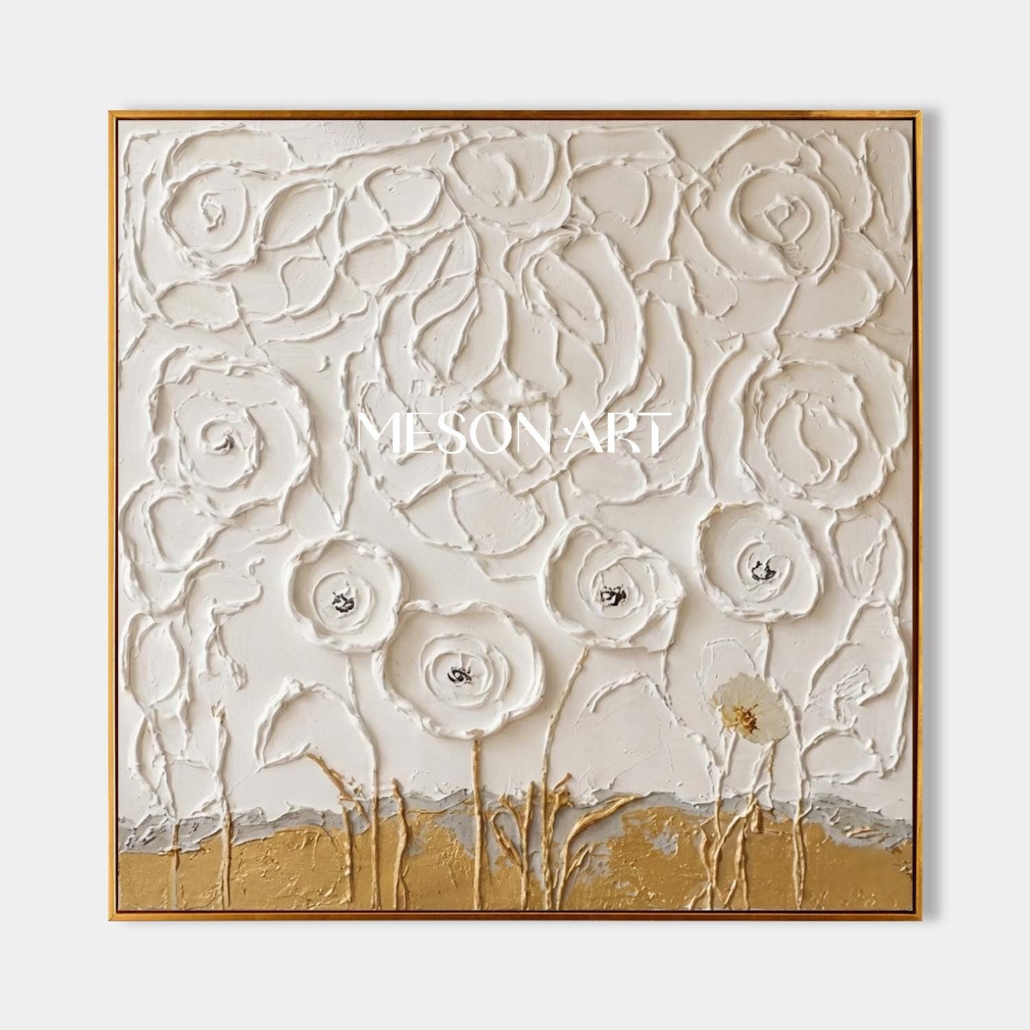 3D Textured White Flower Canvas Art | Gold Plaster Wall Decor