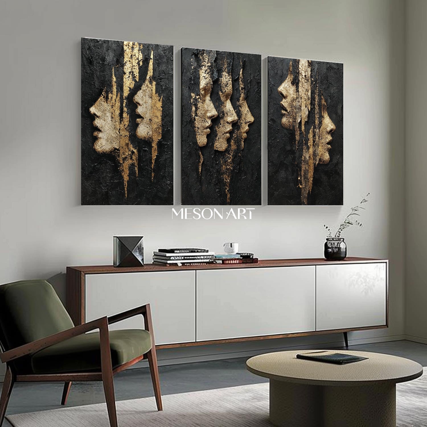 3-piece set Lady portrait wall decor ideas Black and gold abstract art Portrait texture painting