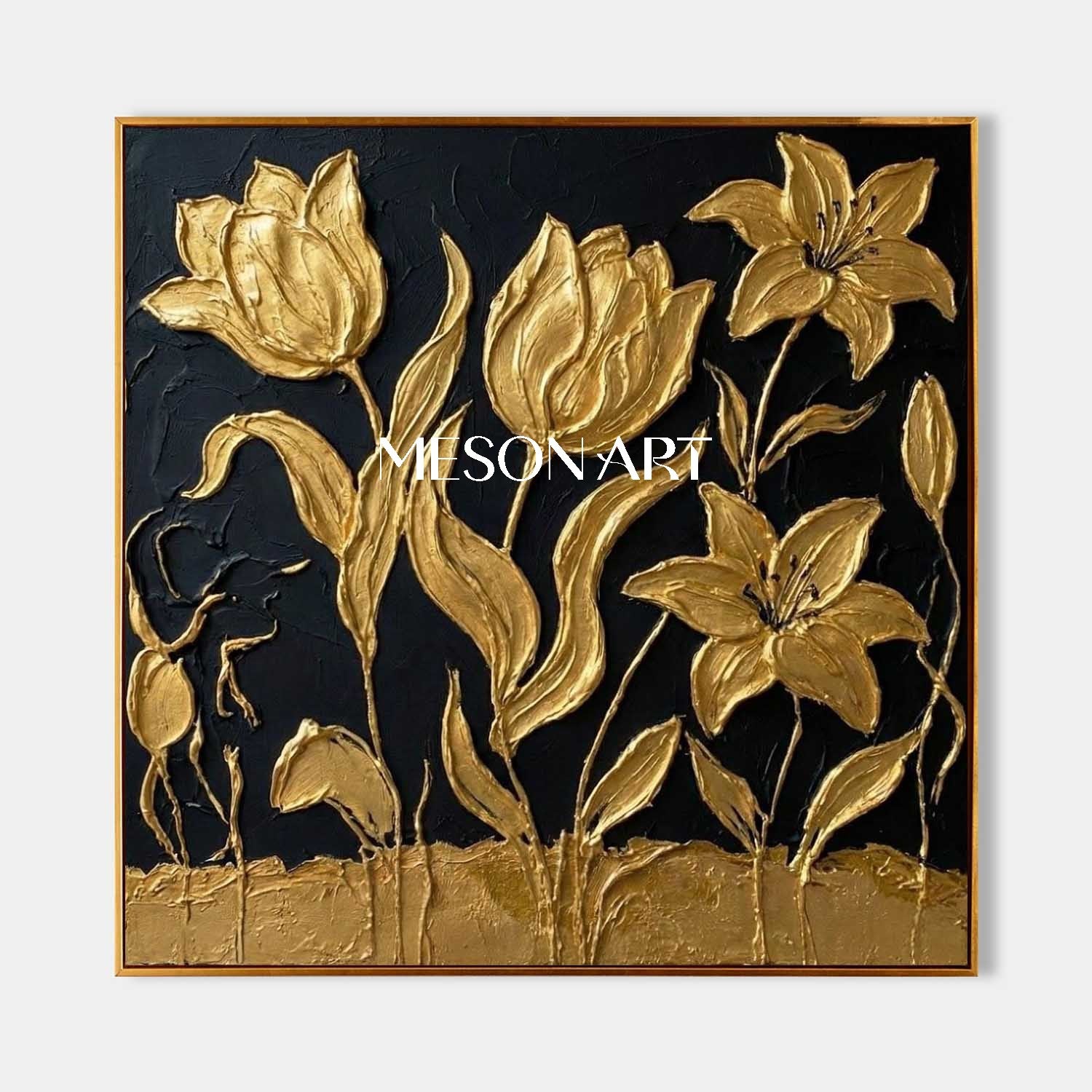 Handmade Black And Gold Tulip Oil Painting Luxury Canvas Painting