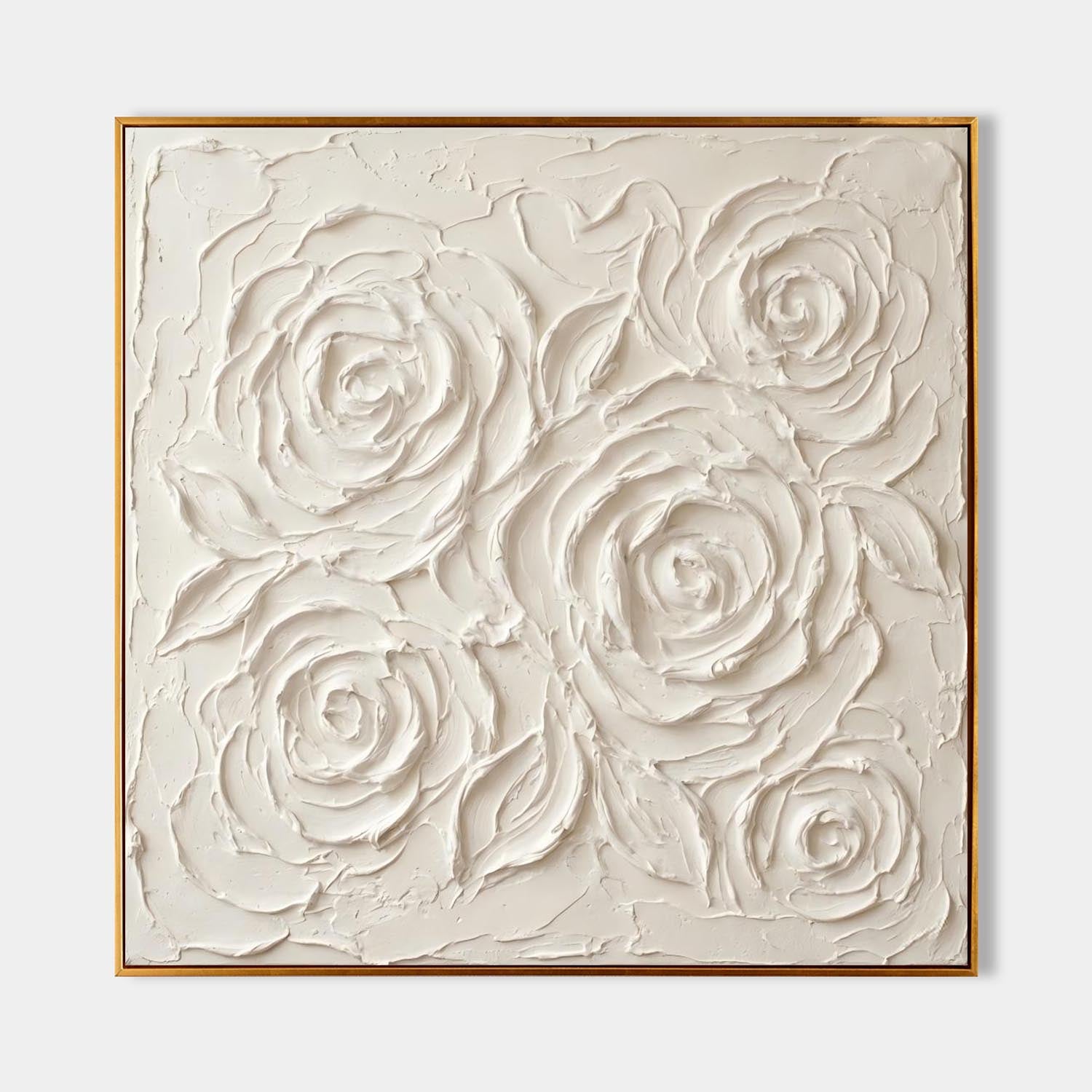 Square 3D Textured Rose Canvas With Gold Floating Frame Elegant Minimalist Decor For Bedroom