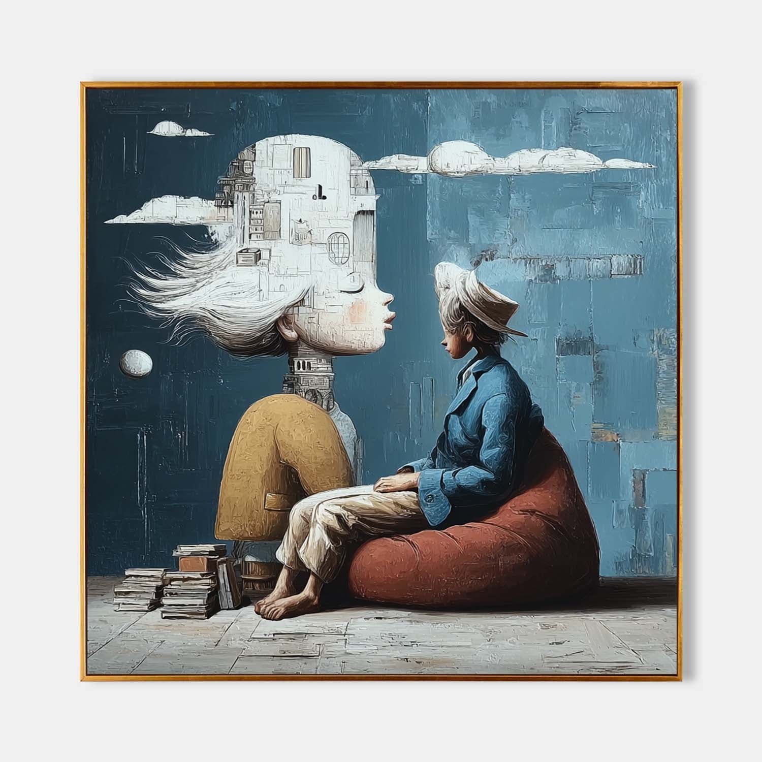 Books as Floor, Thoughts as Castles – Whimsical Surrealist Canvas by Mesonart