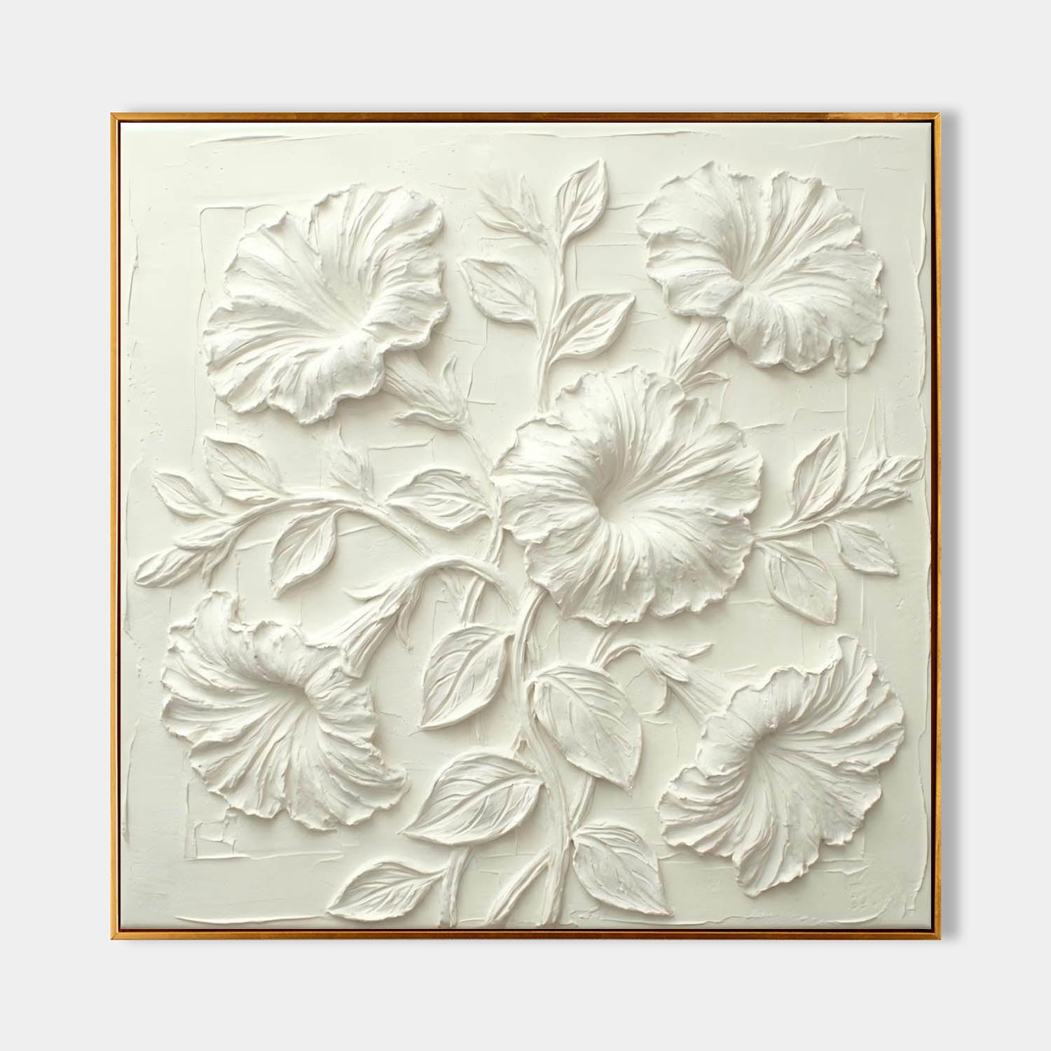 Gold Framed 3D White Petunia Art | Textured Trumpet Flower Decor