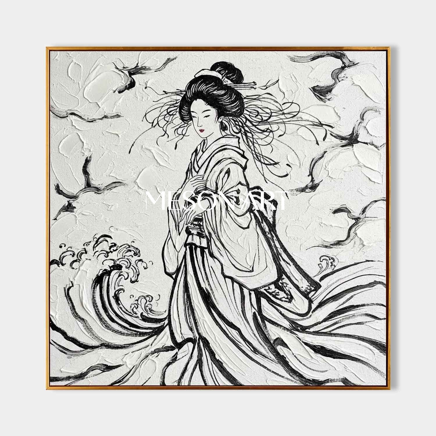 Hand Painted 3D Textured Geisha Canvas Art | Black And White Abstract Asian Wall Decor For Living Room