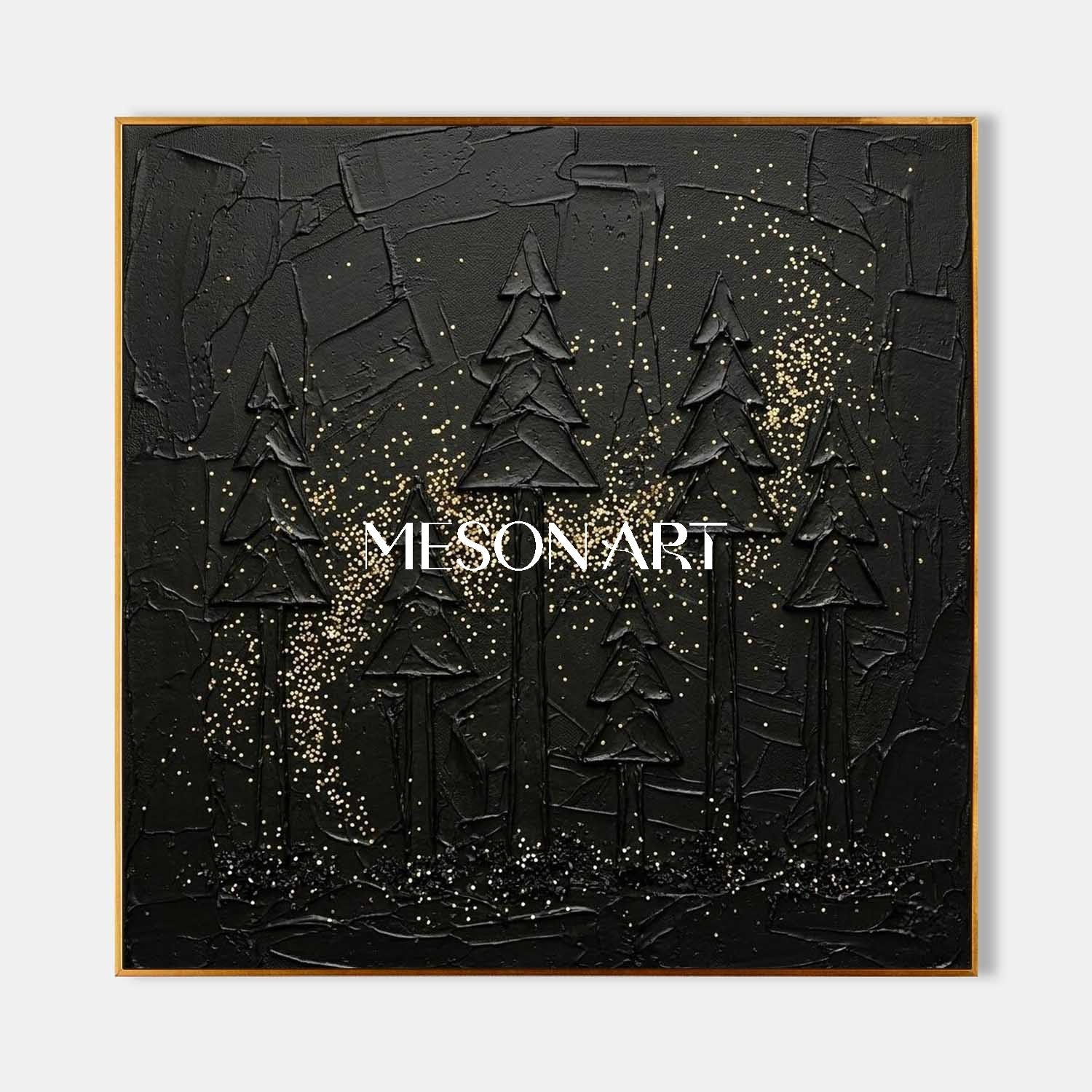 Contemporary Living Room Piece Textured Black Forest Gold Glitter Canvas Abstract Dark Aesthetic