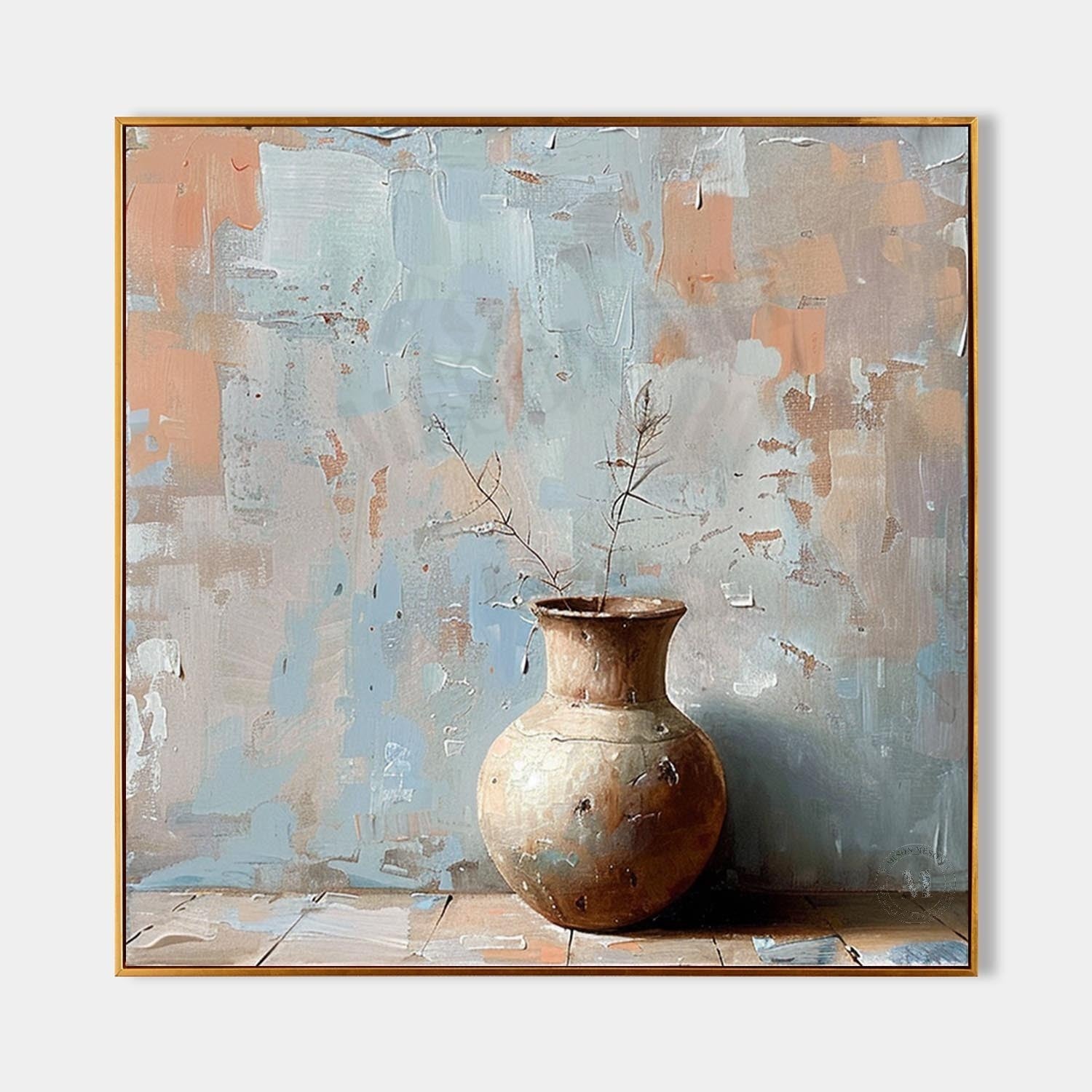 Cyan Clay Pot Minimalist Painting Clay Pot Wabi Sabi Canvas Wall Art for Sale