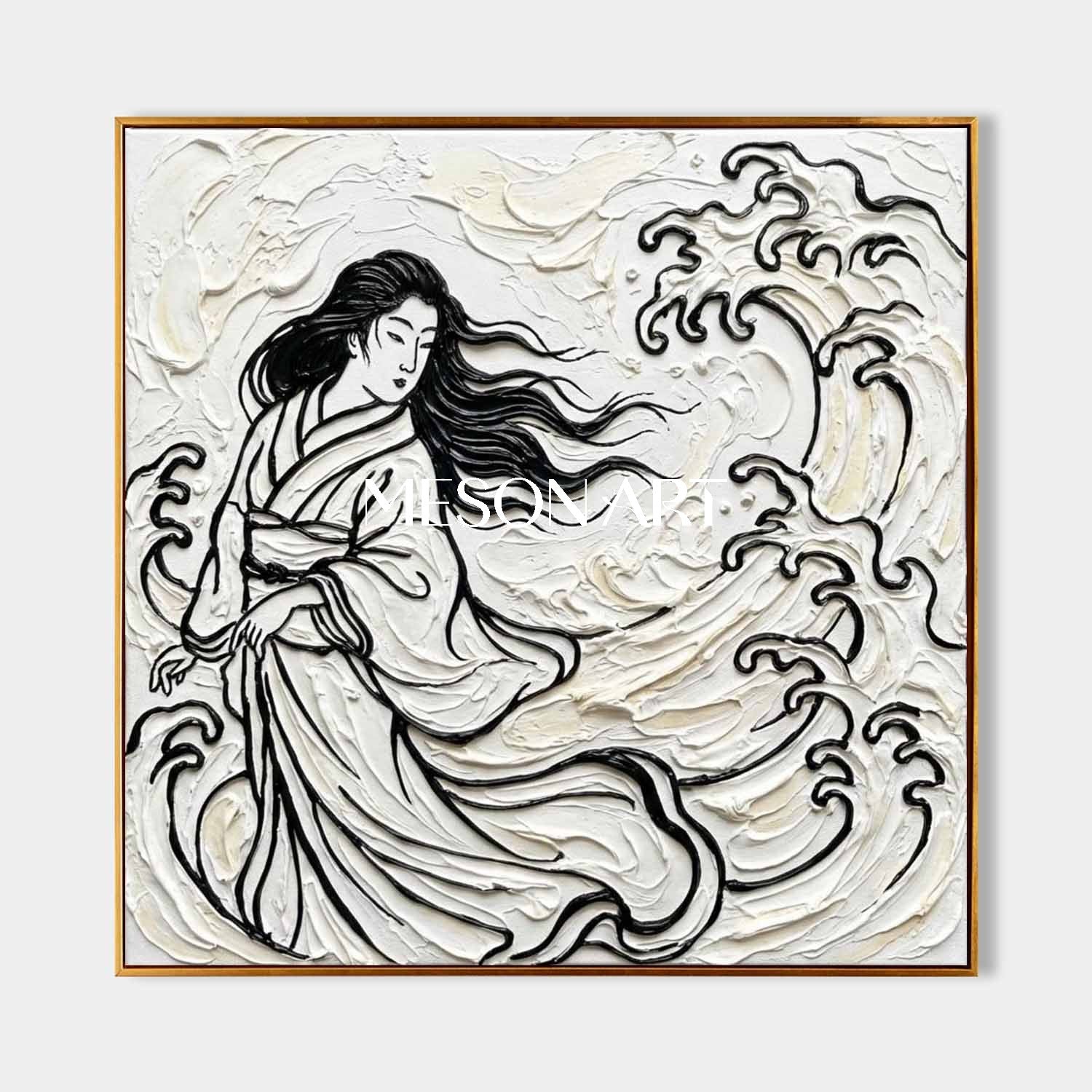 MESON ART | 3D Textured Wave & Lady Square Canvas - Gold Framed