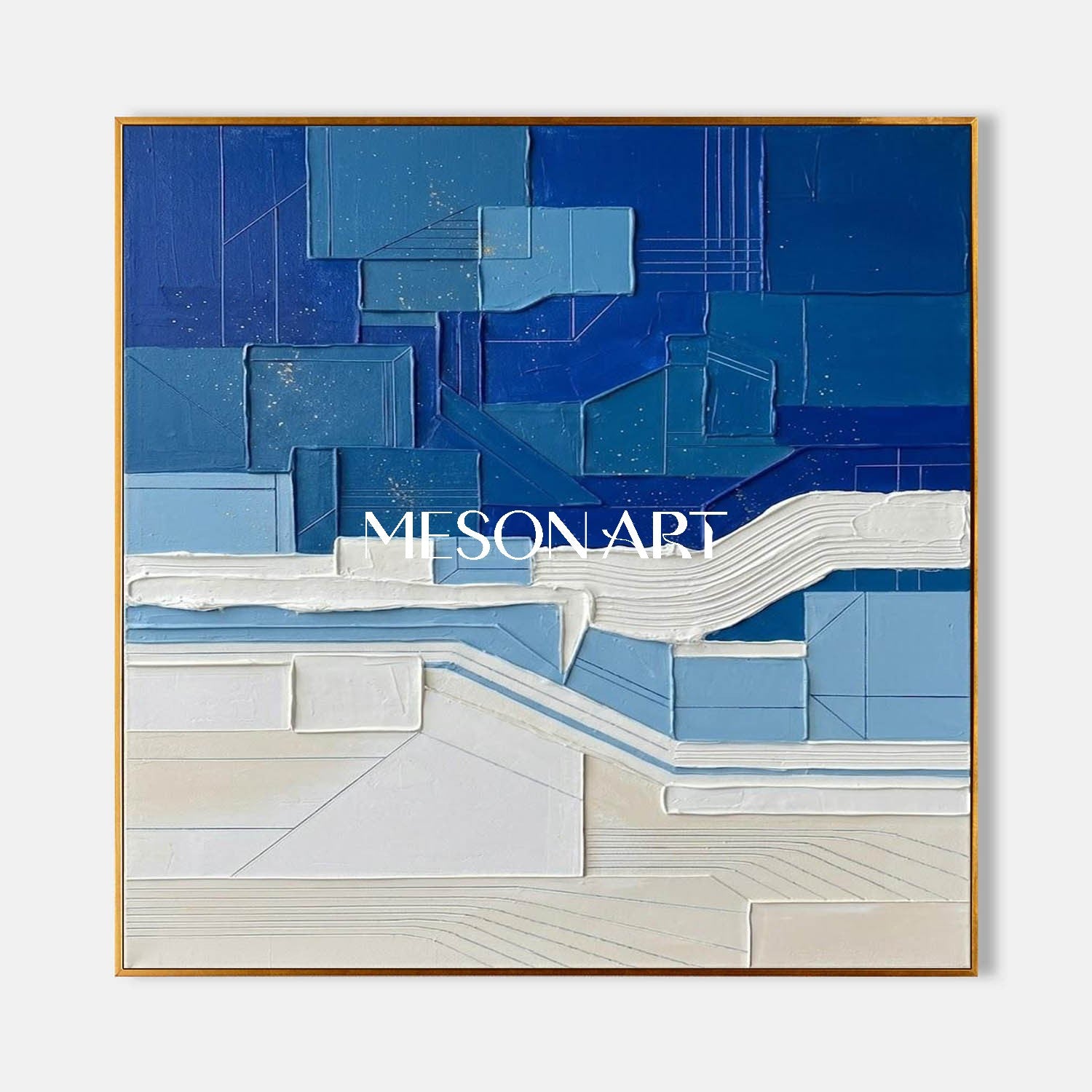 Contemporary Blue Color Block Minimalist Coastal Wall Decor Large Square Canvas Painting