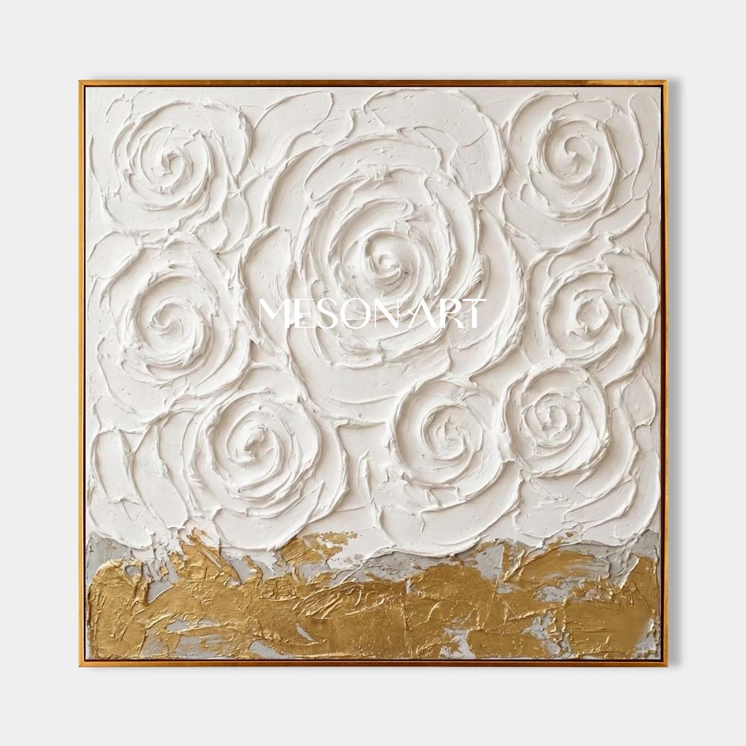 3D Textured White Rose Canvas Art | Gold Foil Plaster Painting