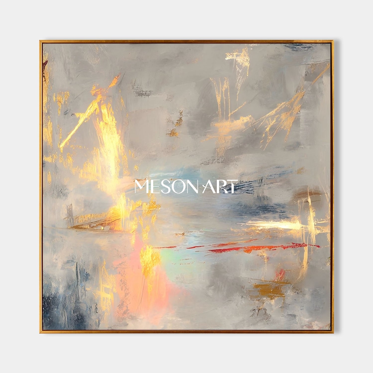 Gold Gray Modern Abstract Bedroom Painting Large Framed Wall Art