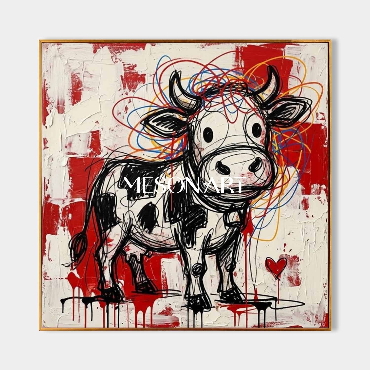 Square Hand-Painted Graffiti Cow Canvas Art | 3D Textured Pop Art | MESONART