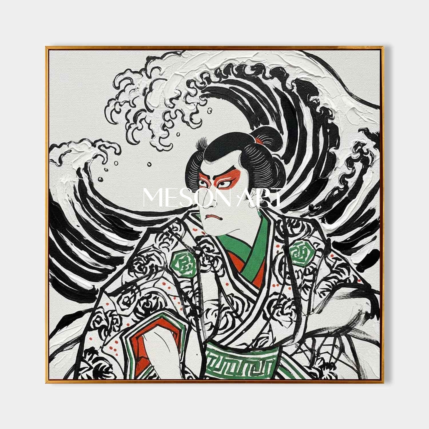 Textured Great Wave Kabuki Art - 3D Plaster Japanese Canvas Painting