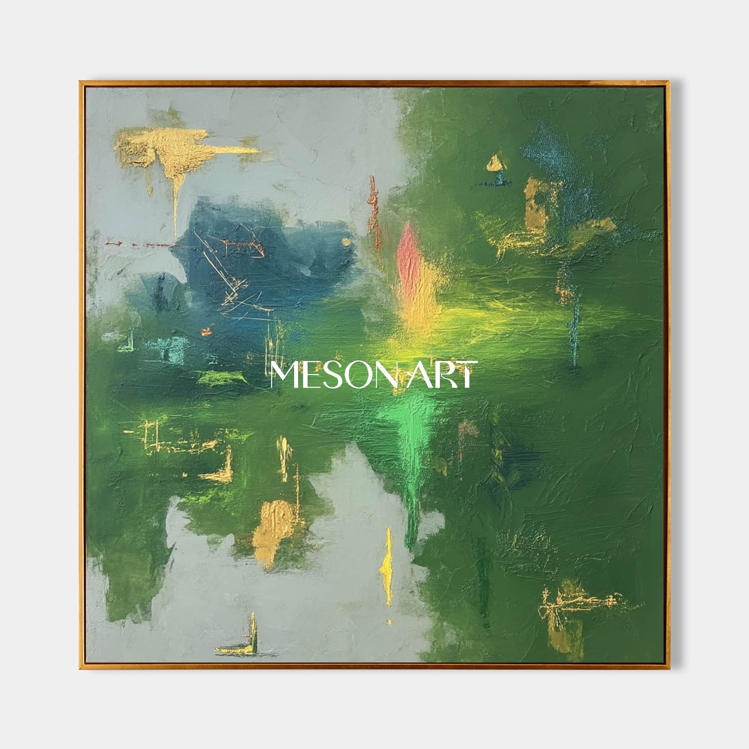 Buy Green Abstract Painting with Gold Accents Modern Square Canvas Art