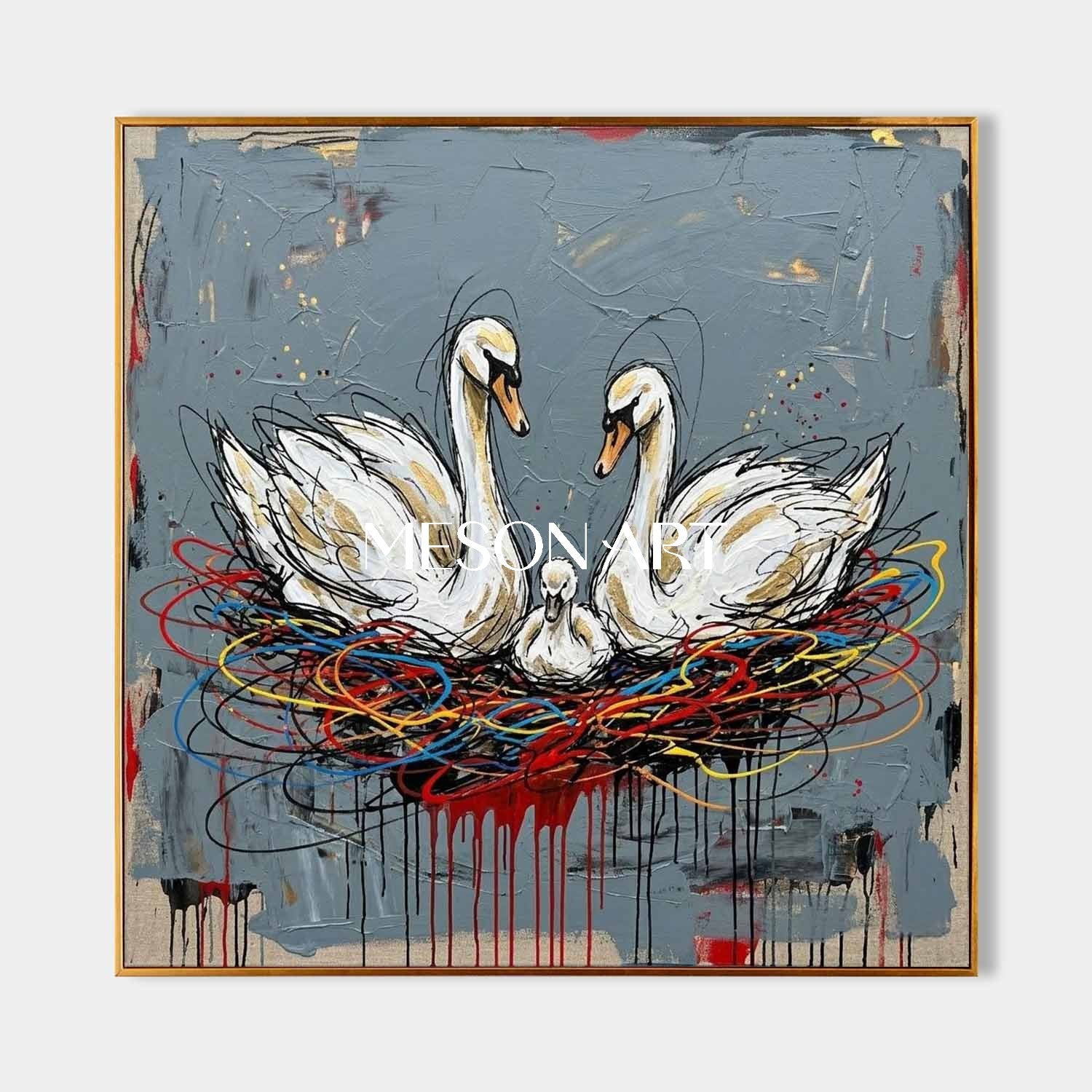 White Swan Family In Colorful Nest Contemporary Expressionist Large Artwork, Symbolic Painting Of Family Unity, Modern Textured Canvas, Statement Piece For Entryway, Oversized Framed Art