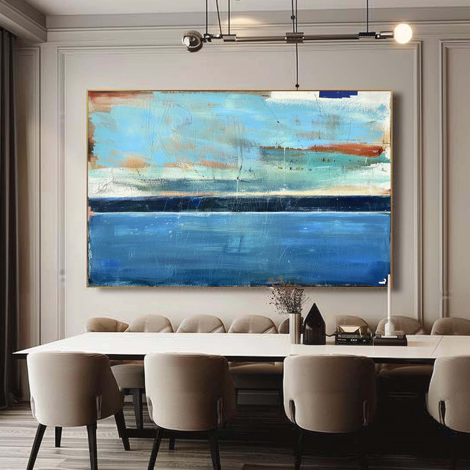 54*40 Light Blue Sea Abstract Oil Paintings Sea Abstract Art Canvas Dark Blue Sea Abstract Wall Art Decor