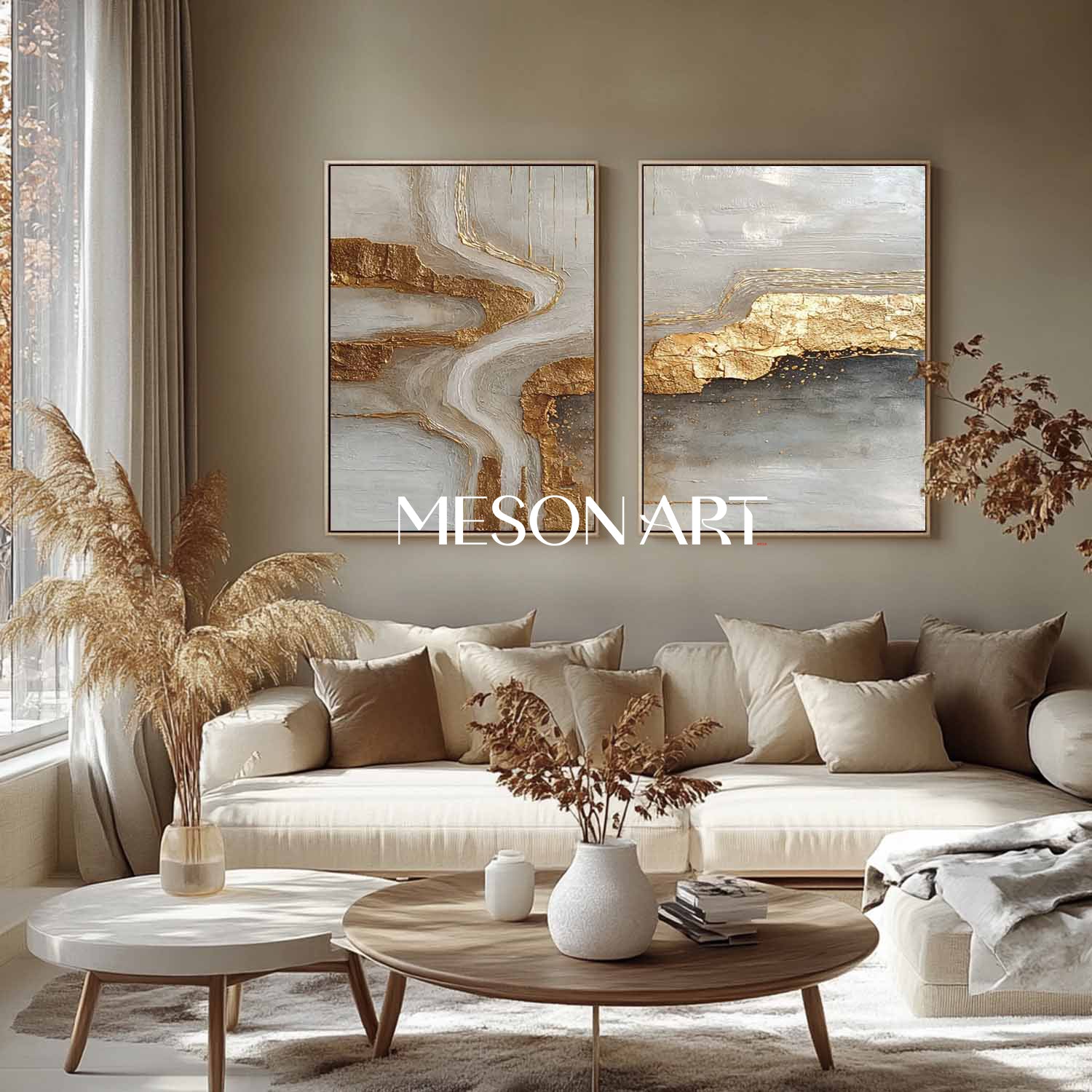 Abstract Textured Gold and Gray Canvas Wall Art 2 Piece Modern Painting Set for Living Room