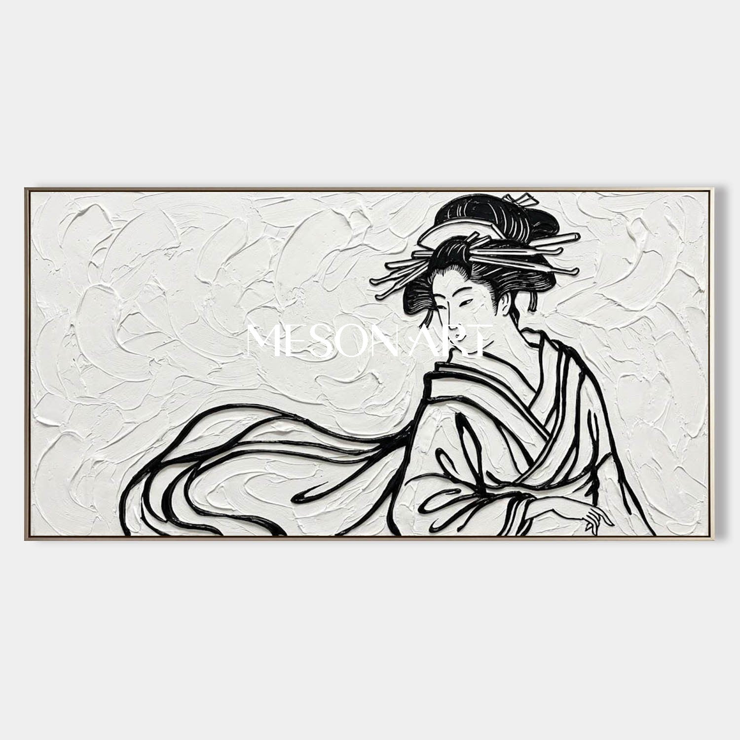 Panoramic 3D Textured Geisha Canvas | Black And White Japandi Wall Decor