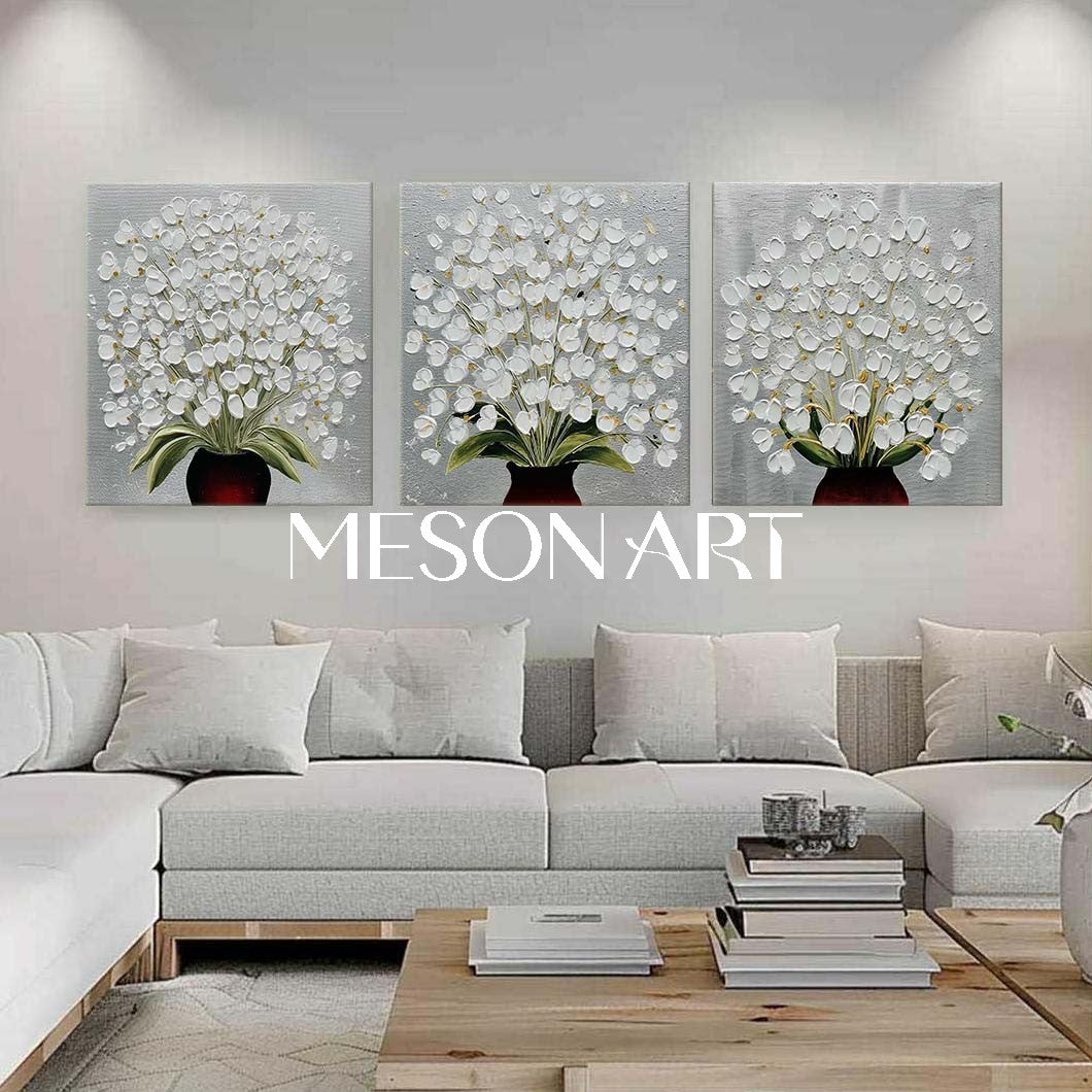 Set of 3 Modern Floral Art Printing with Silver Accents – Abstract Nature-Inspired Decor | Mesonart