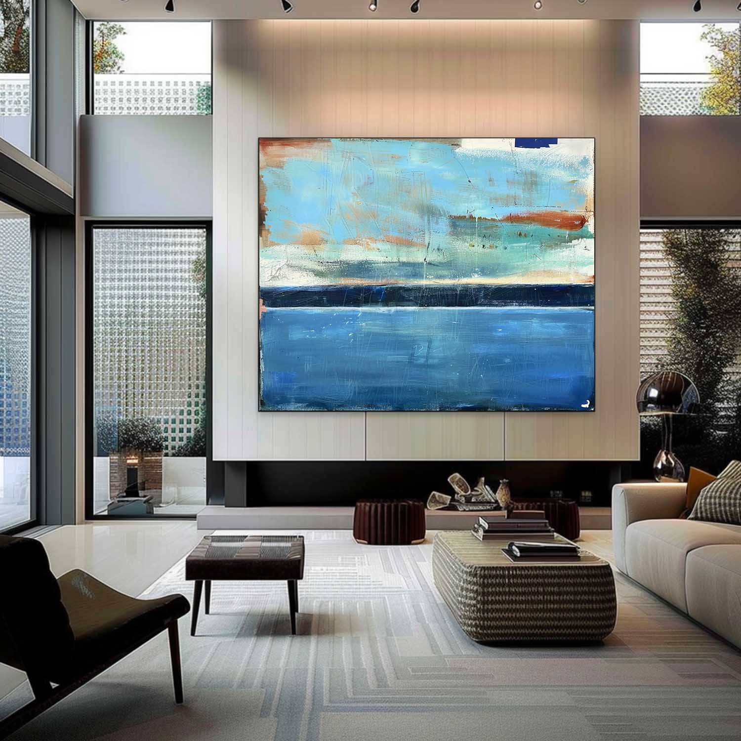 54*40 Light Blue Sea Abstract Oil Paintings Sea Abstract Art Canvas Dark Blue Sea Abstract Wall Art Decor