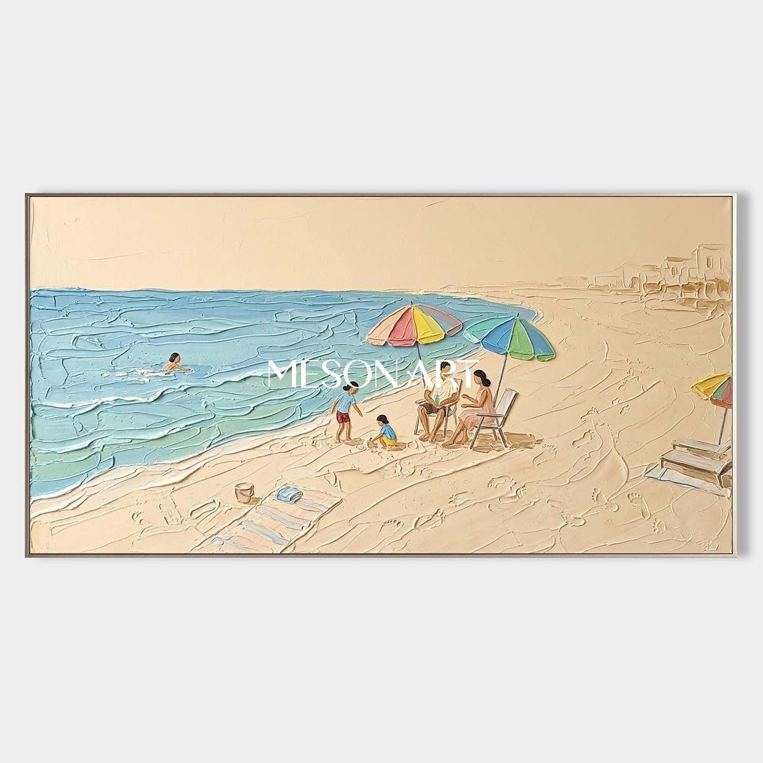 Family Beach Scene Wall Art Morandi Seascape Painting Large Vertical Canvas Art