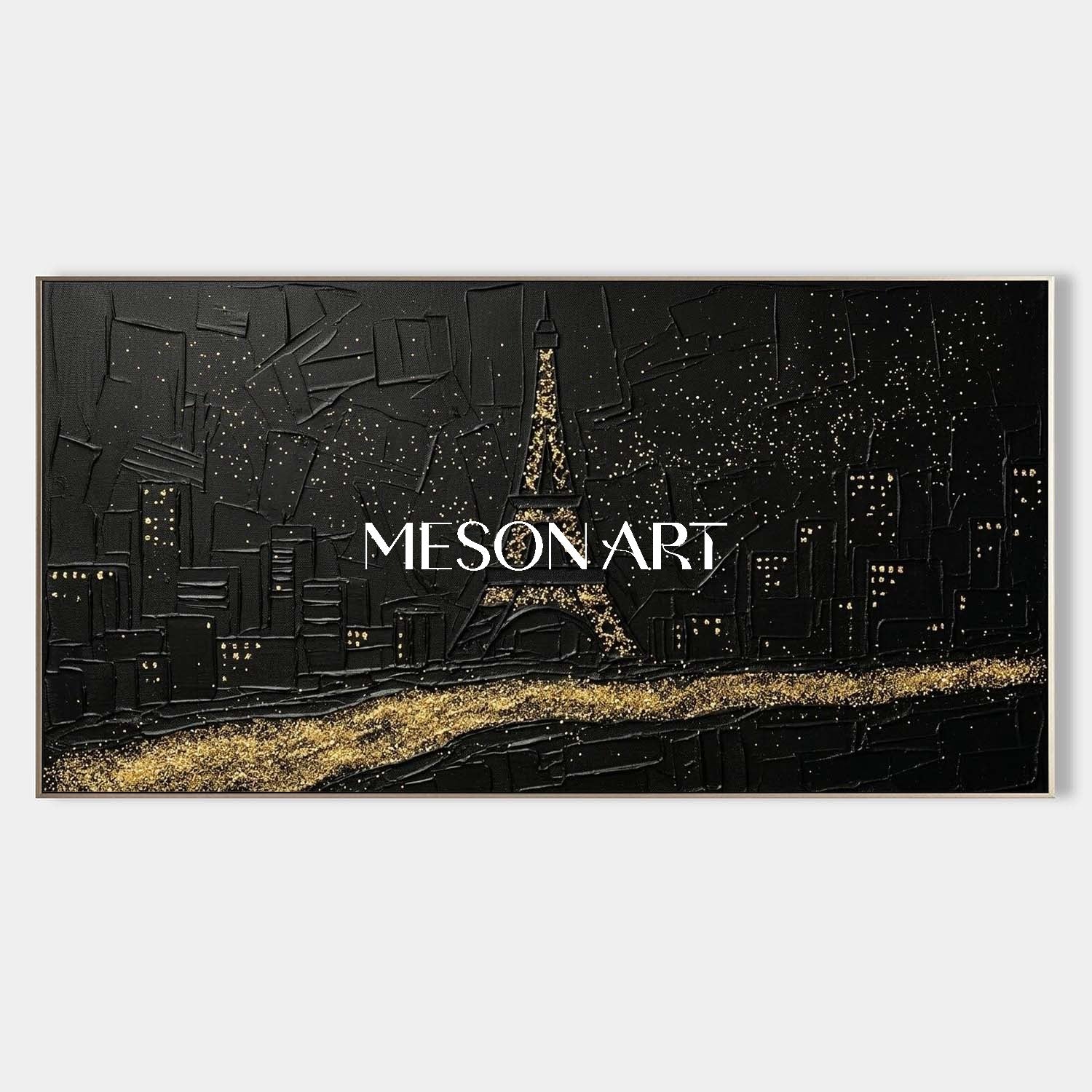 Textured Black & Gold Paris Eiffel Tower 3D Gesso Canvas Art Modern Wall Decor