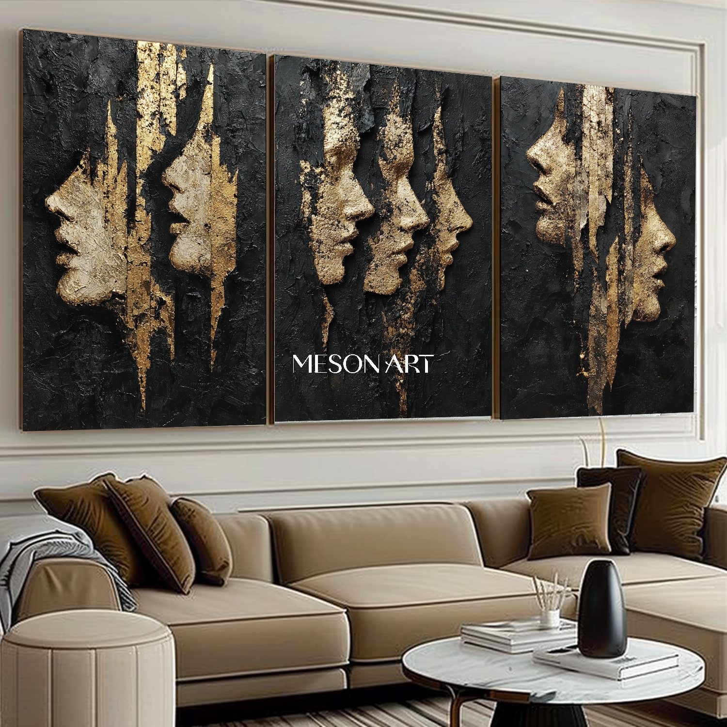 3-piece set Lady portrait wall decor ideas Black and gold abstract art Portrait texture painting