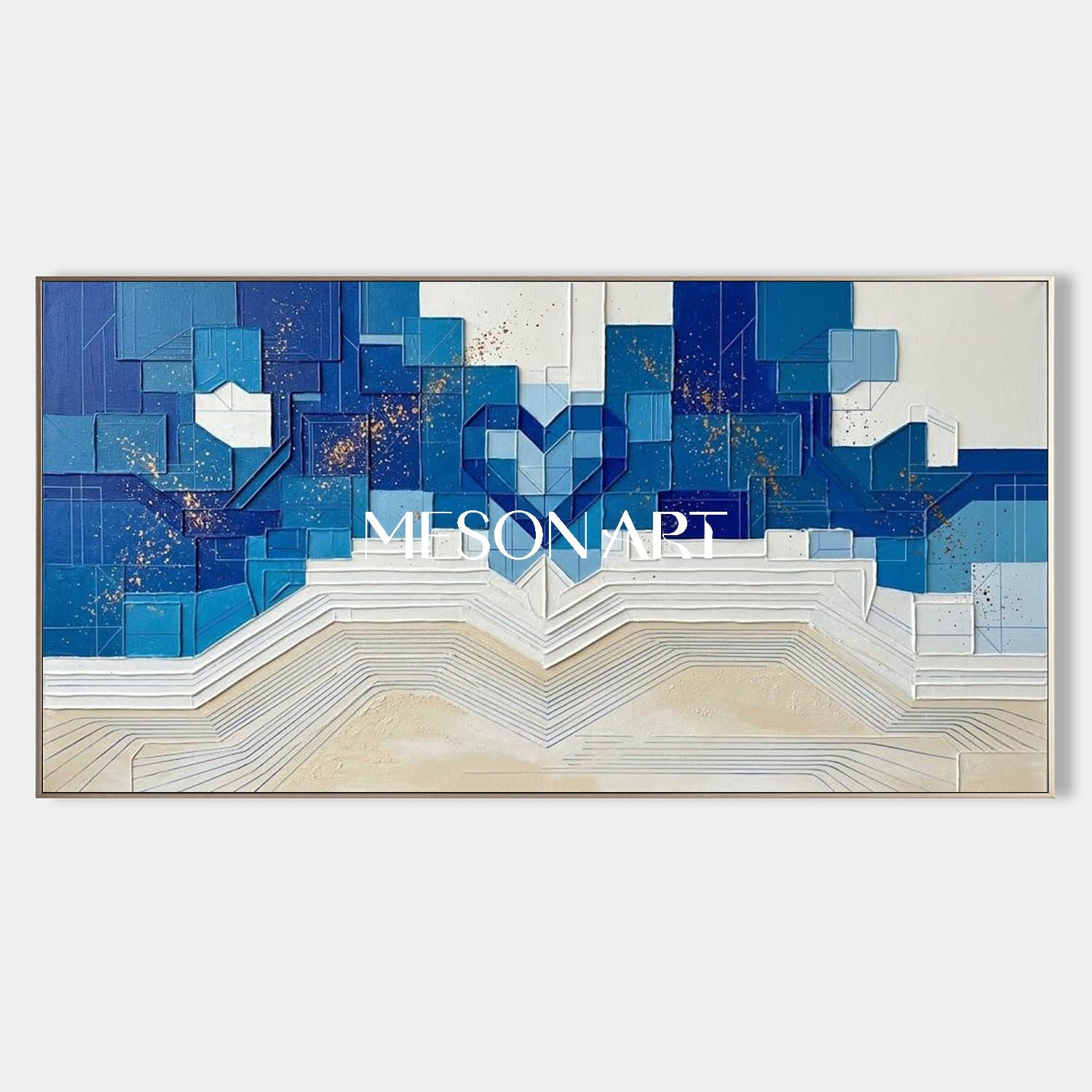 Modern Large Framed Blue and Beige Textured Geometric Heart Wall Art | 3D Plaster Canvas Painting for Living Room | MesonArt