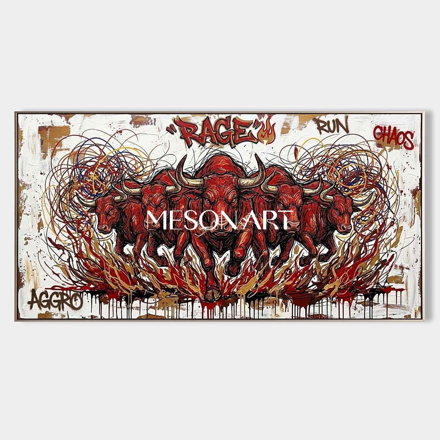 Textured Modern Red Bull Graffiti Painting on Canvas Large Panorama Framed Wall Art for Living Room