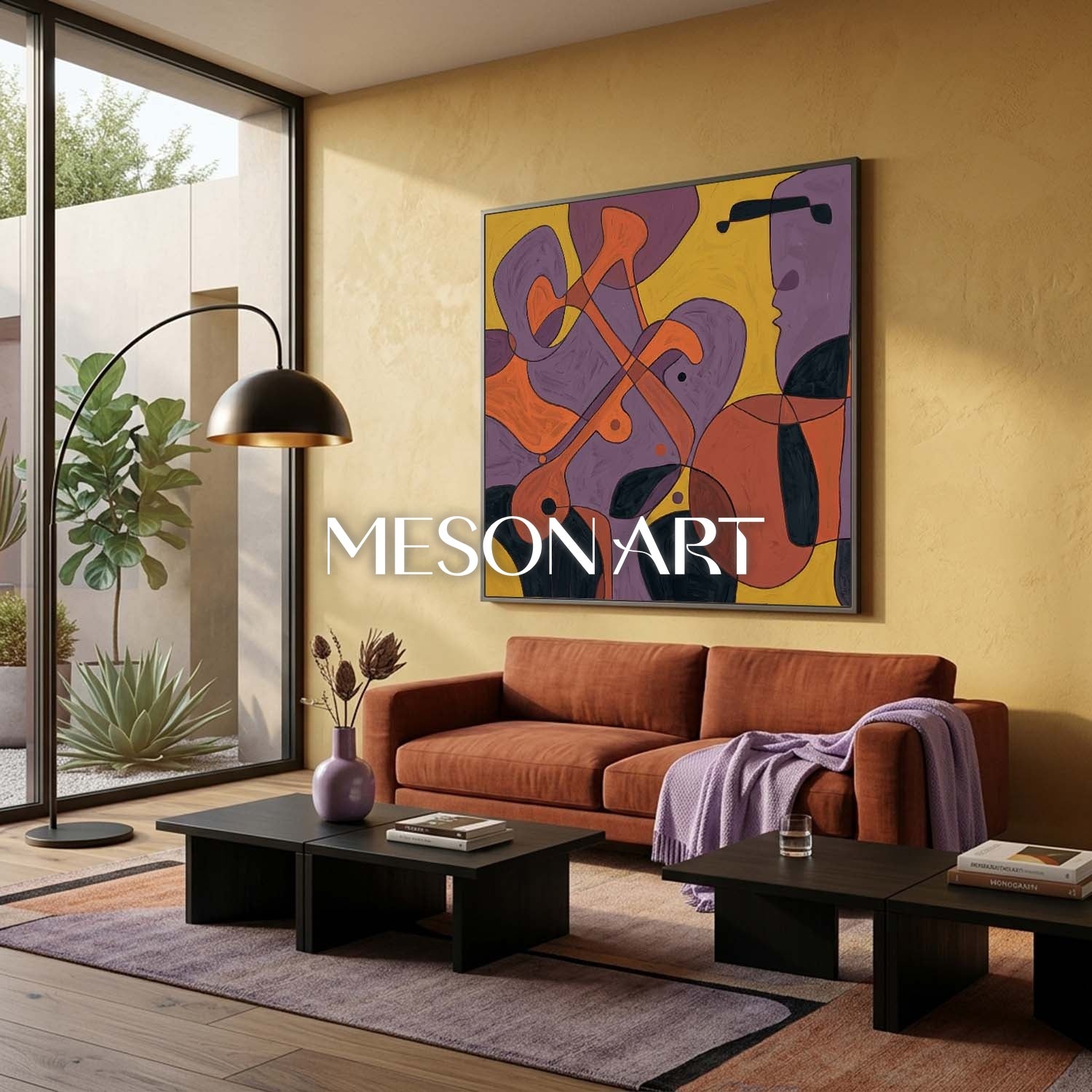 Contemporary Abstract Art With Violet And Amber Tones For Modern Living Rooms
