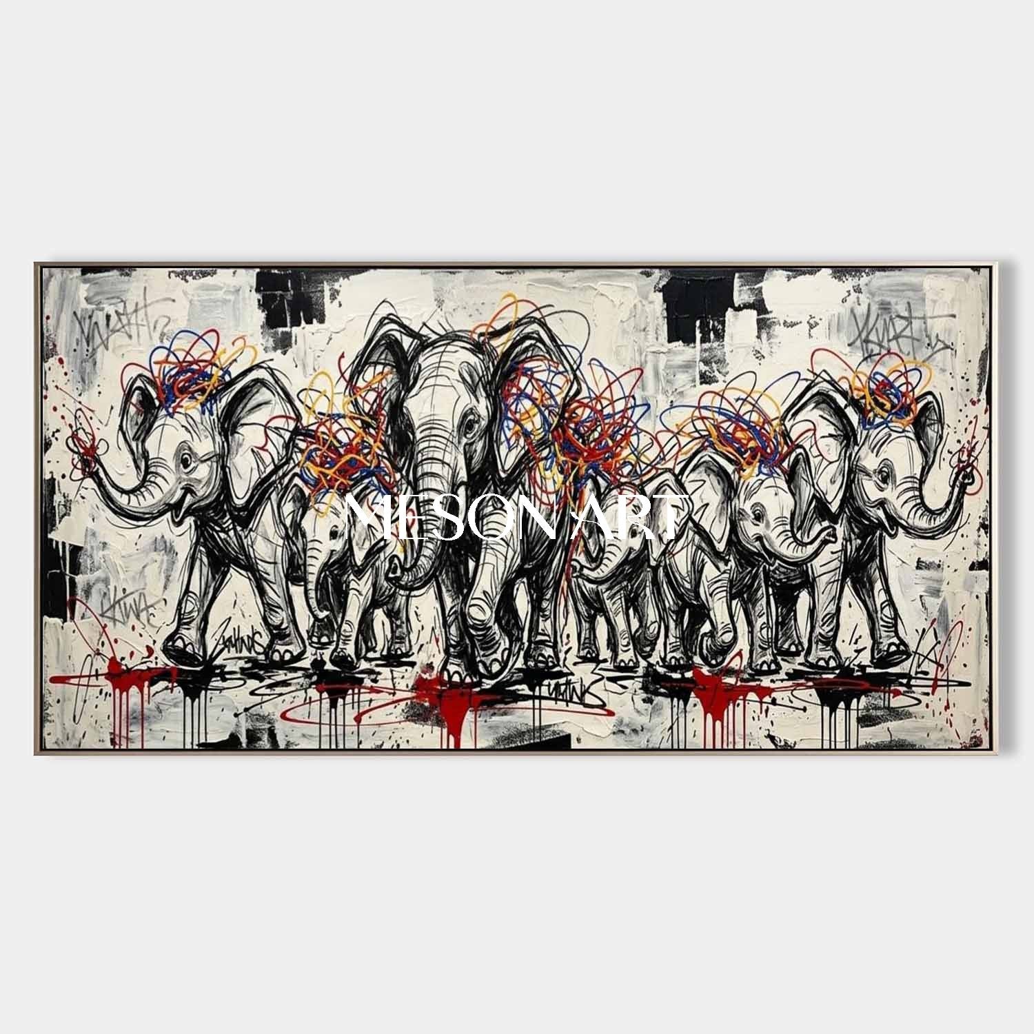Modern Abstract Elephant Family Canvas Painting Graffiti Animal Wall Decor