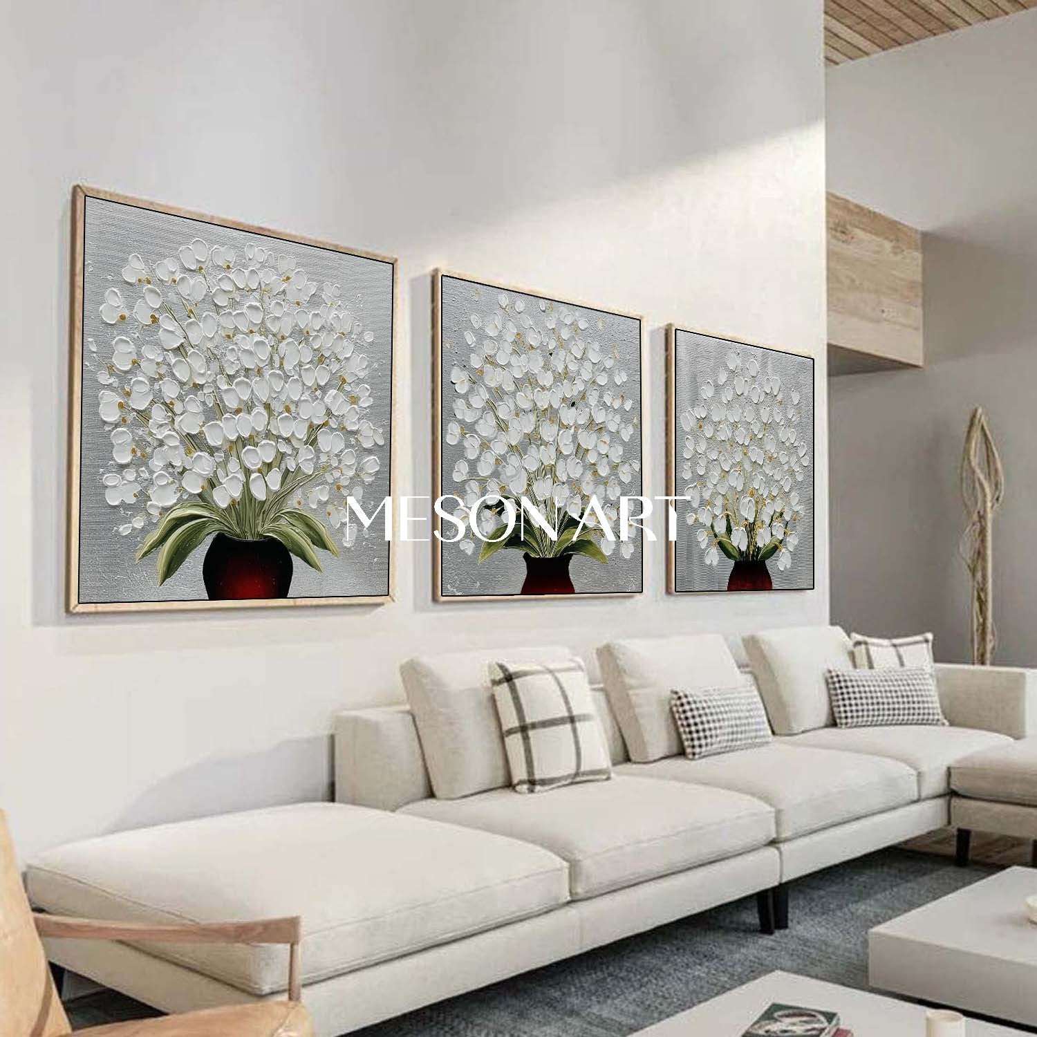 Set of 3 Modern Floral Art Printing with Silver Accents – Abstract Nature-Inspired Decor | Mesonart