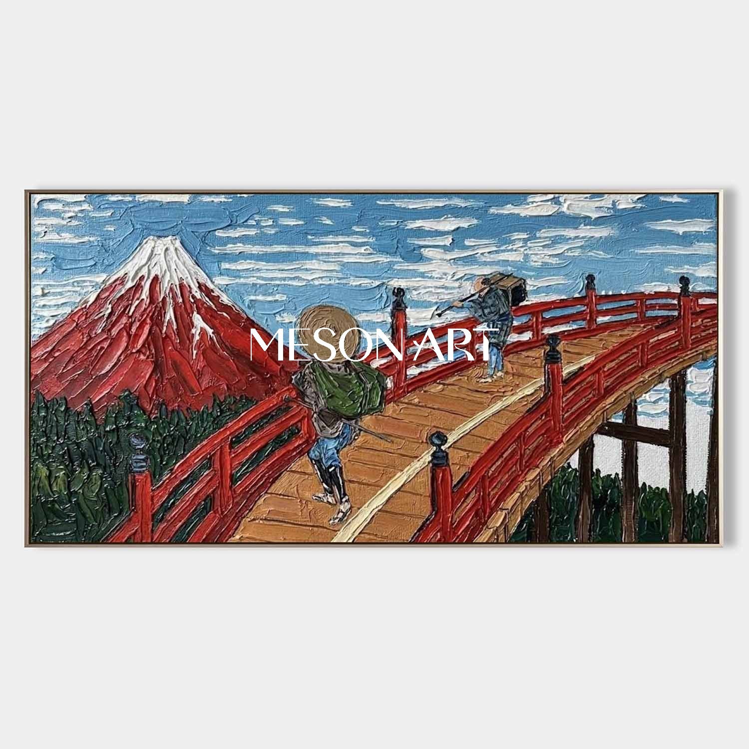 Red Mt Fuji & Japanese Bridge Art - 3D Textured Panoramic Oil Painting