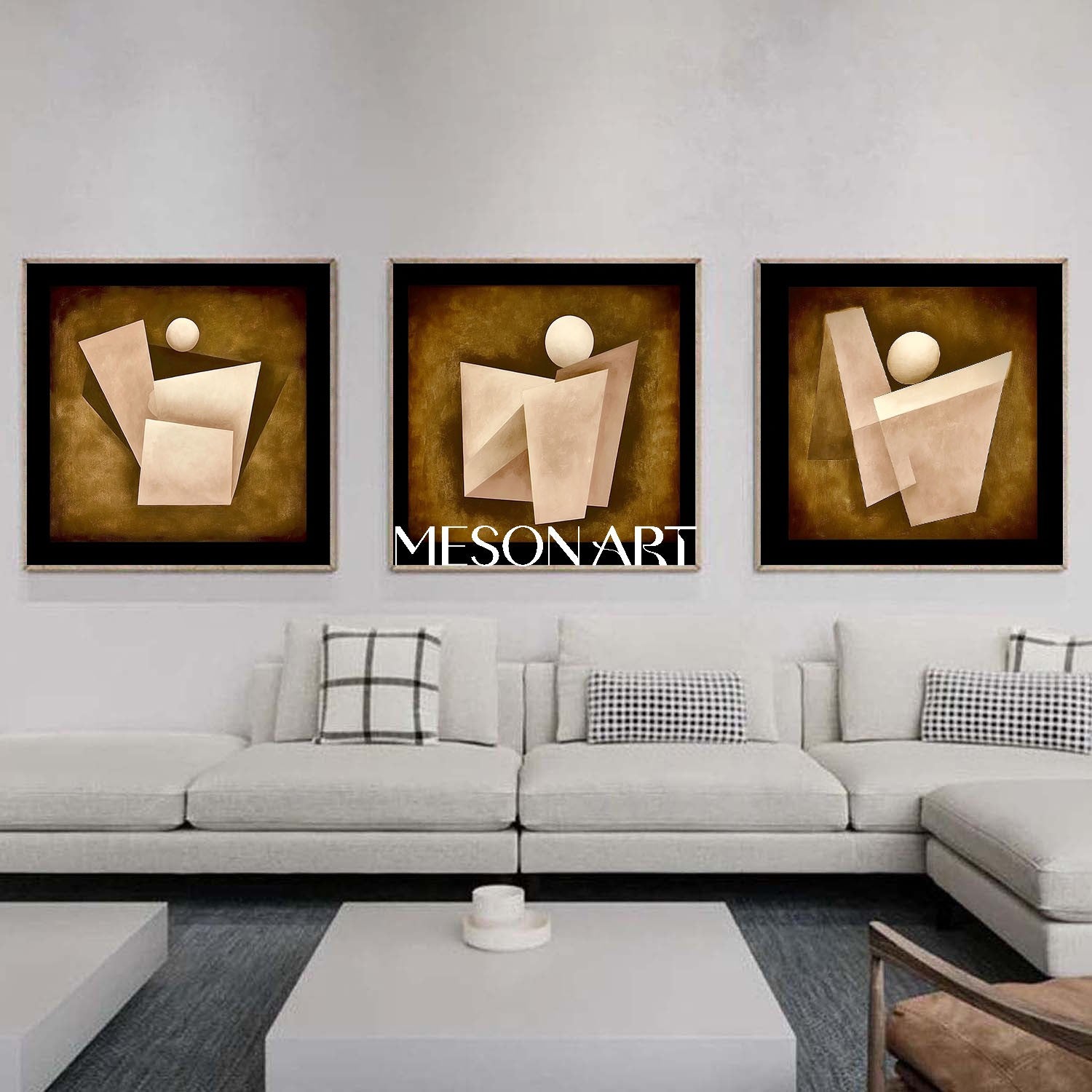 Brown Abstract Geometric Triptych Oil Painting Canvas Living Room Buy