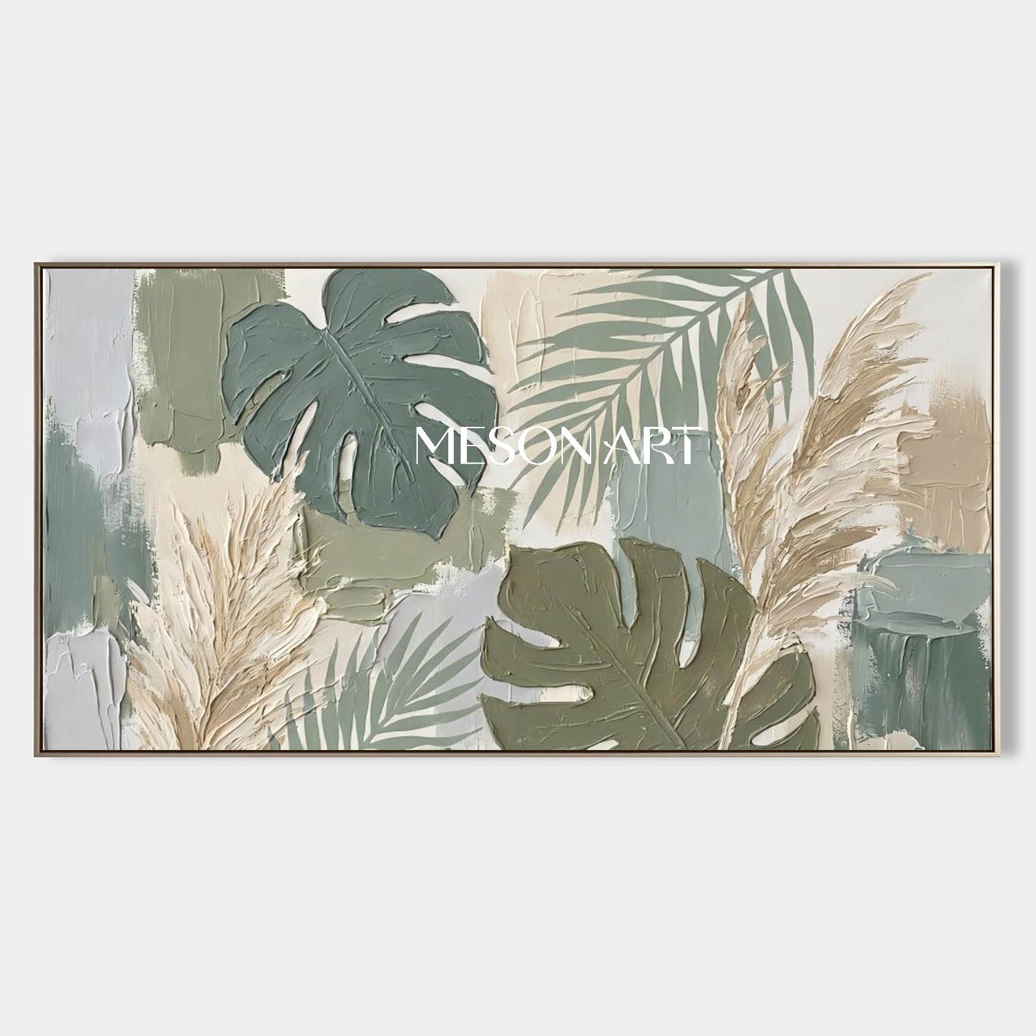 swiss cheese plant art Large Panoramic Boho Art 3D Textured Monstera Art Green Canvas Painting 30''Hx 90''W/ 76 x 229 cm / Stretch+White Frame