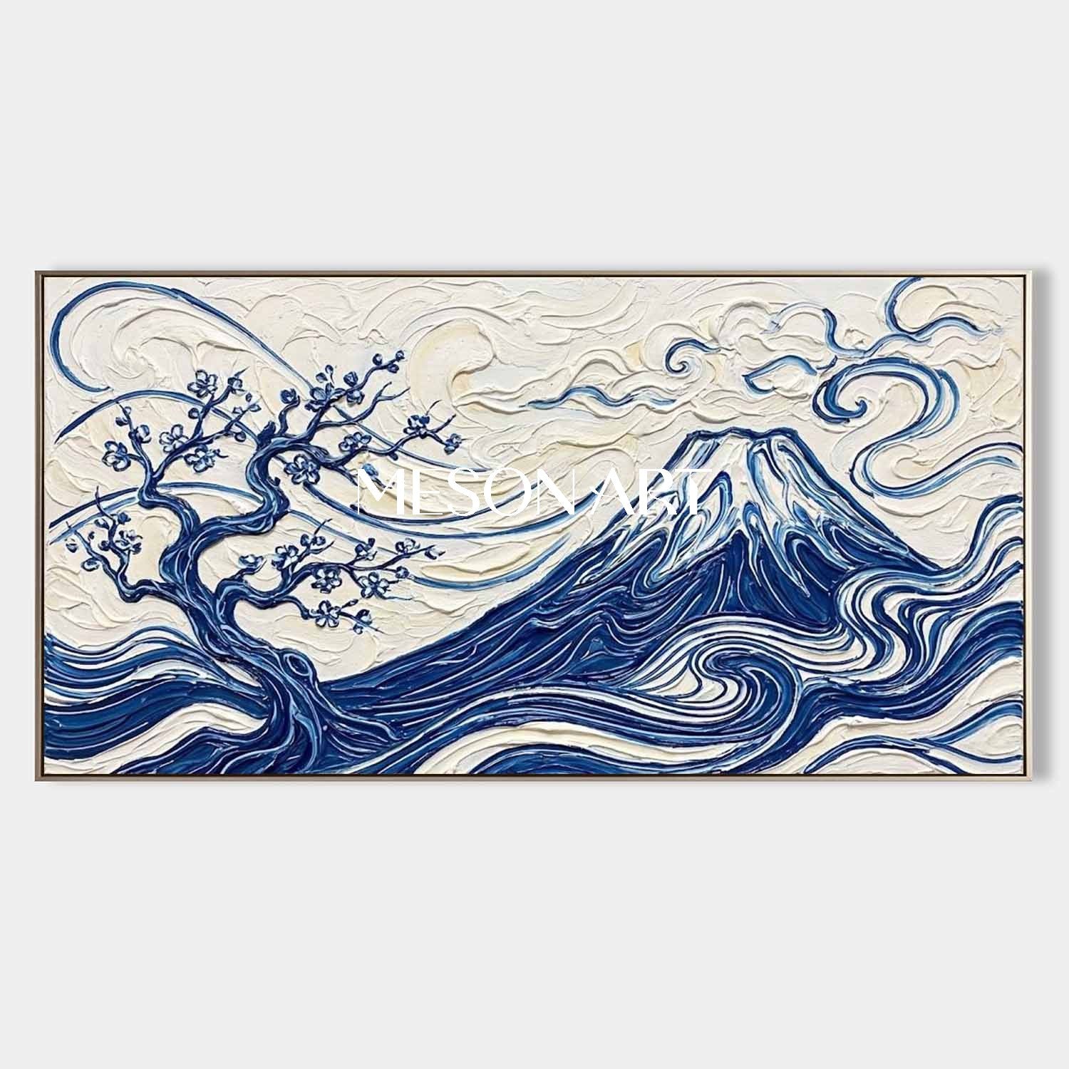 MesonArt 3D Textured Mount Fuji Oil Painting - Blue White Impasto Canvas Wall Art for Living Room