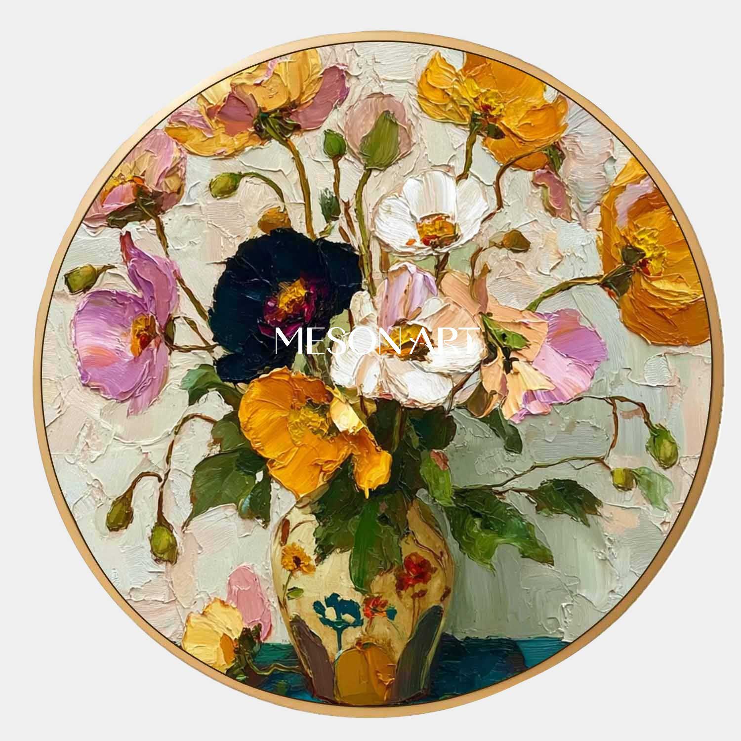 Round Floral Oil Painting – Hand-Painted Impasto Flower Vase