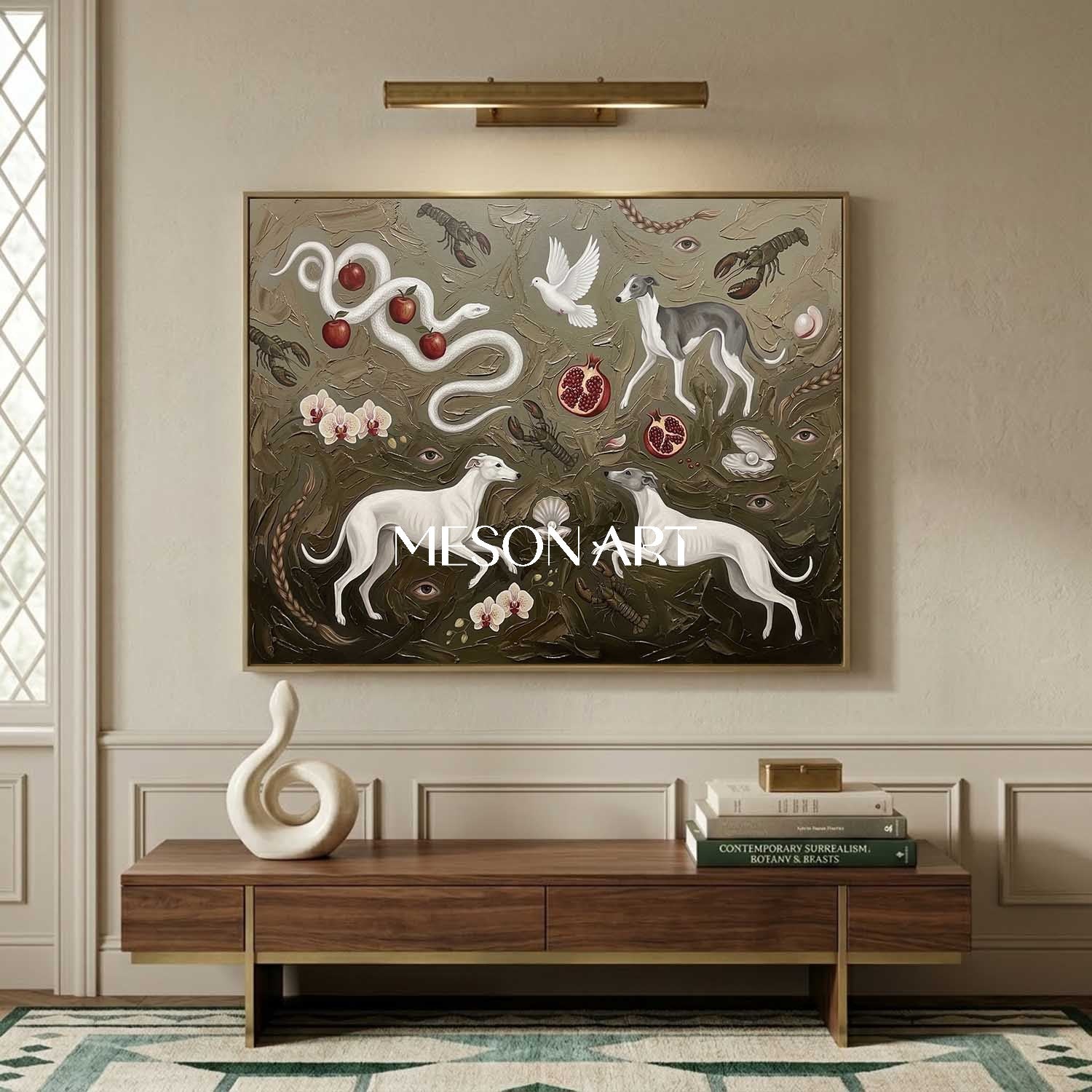 Original Surrealist Greyhound Painting Texture Wall Canvas Living Room