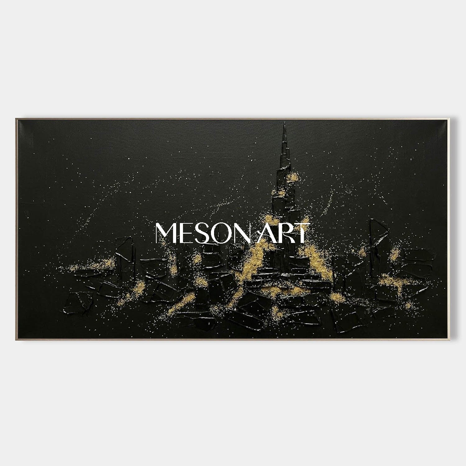 Large 3D Impasto Canvas, Heavy Plaster Architecture Art, Dark Aesthetic Luxury Decor, Gold Dust Urban Landscape.
