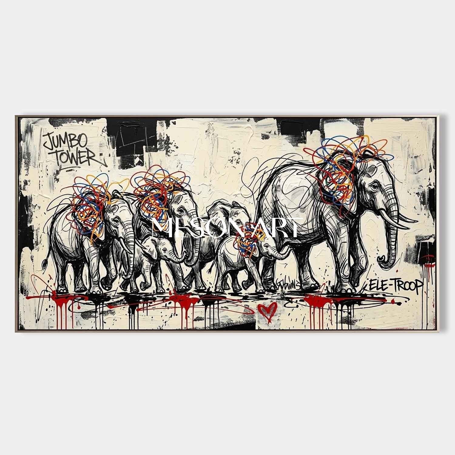 Large Elephant Canvas Art Graffiti Animal Wall Decor Elephant Family Painting