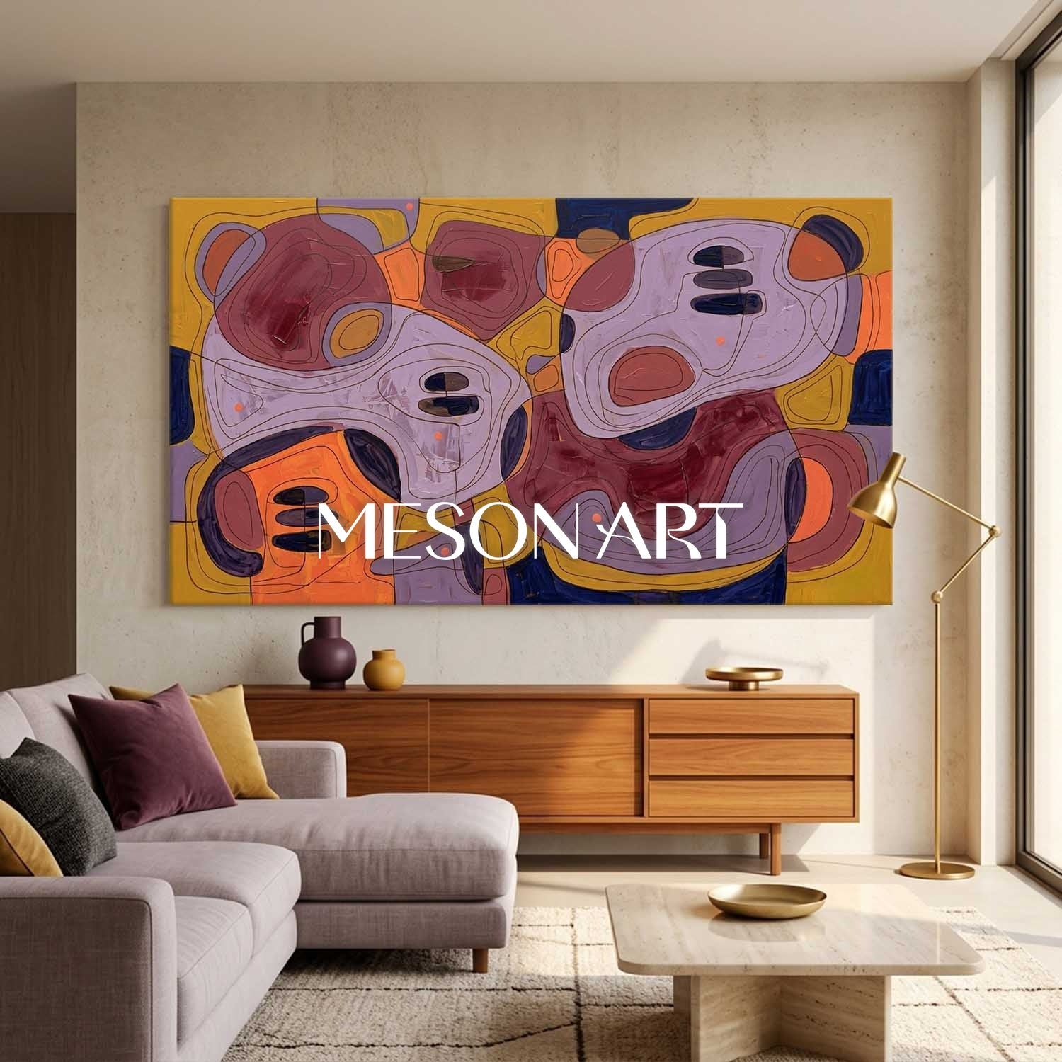 Contemporary Abstract Painting With Amber And Violet Tones For Modern Living Room Decor