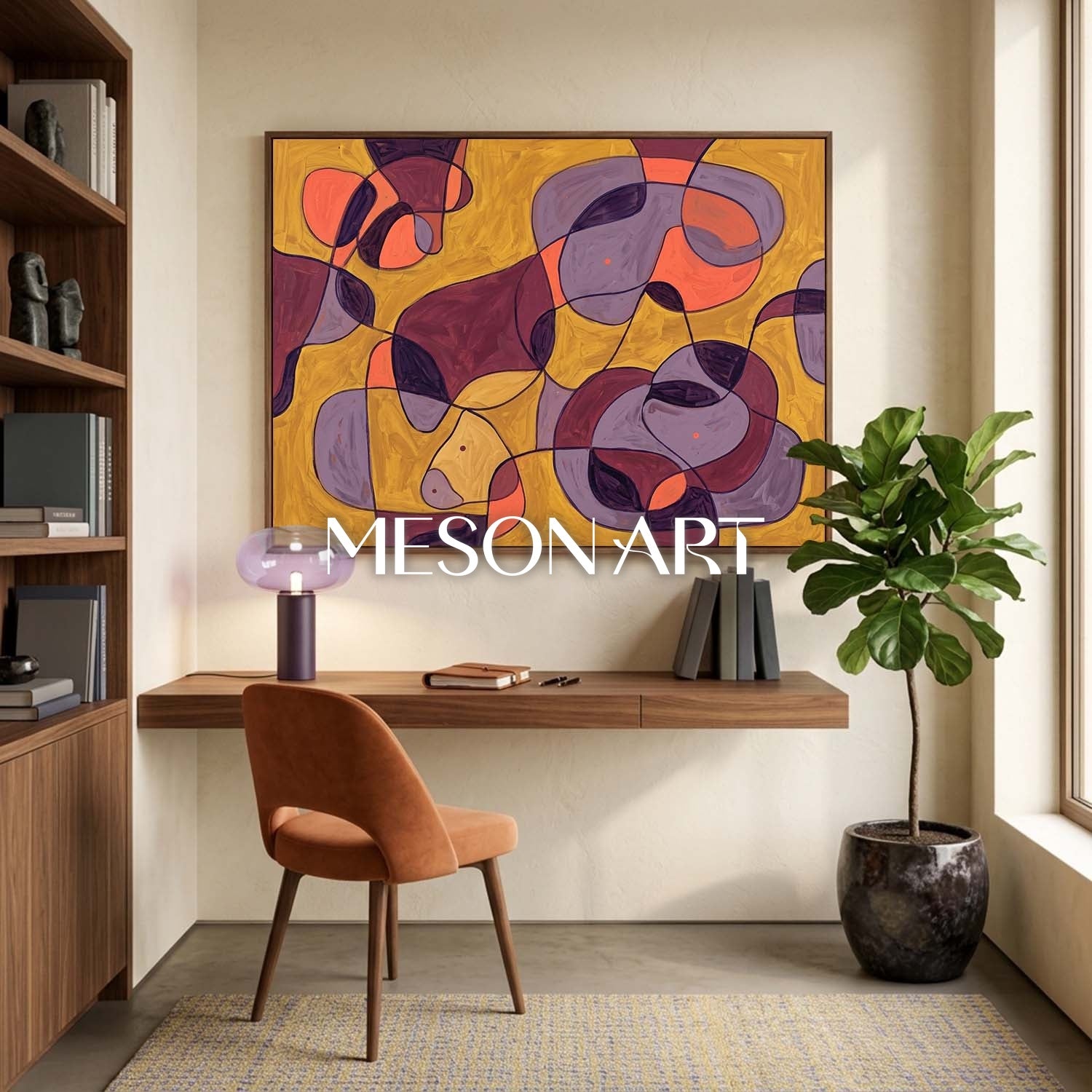 Contemporary Abstract Oil Painting With Amber And Violet Hues For Modern Living Room Decor