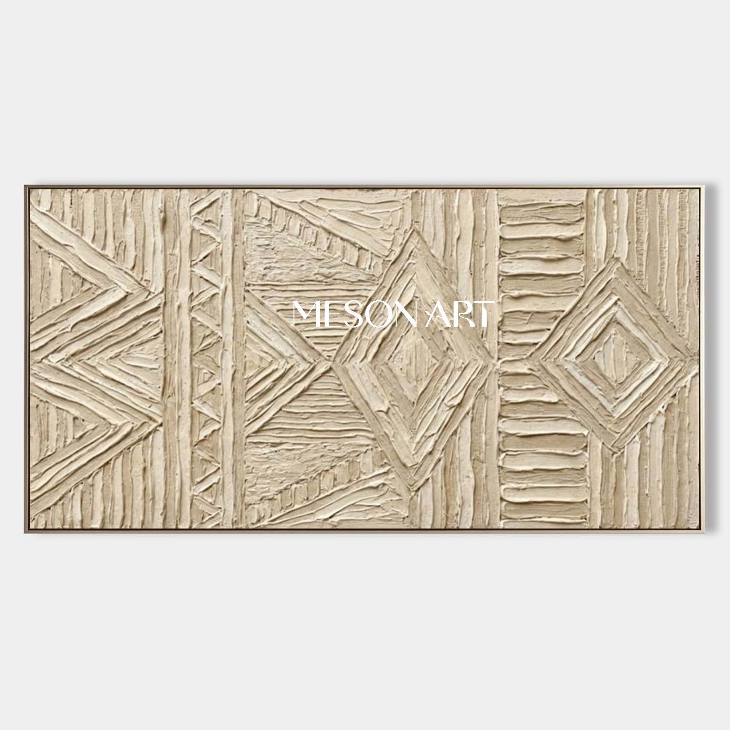Panoramic Beige Tribal Geometric Art | 3D Textured Relief Decor