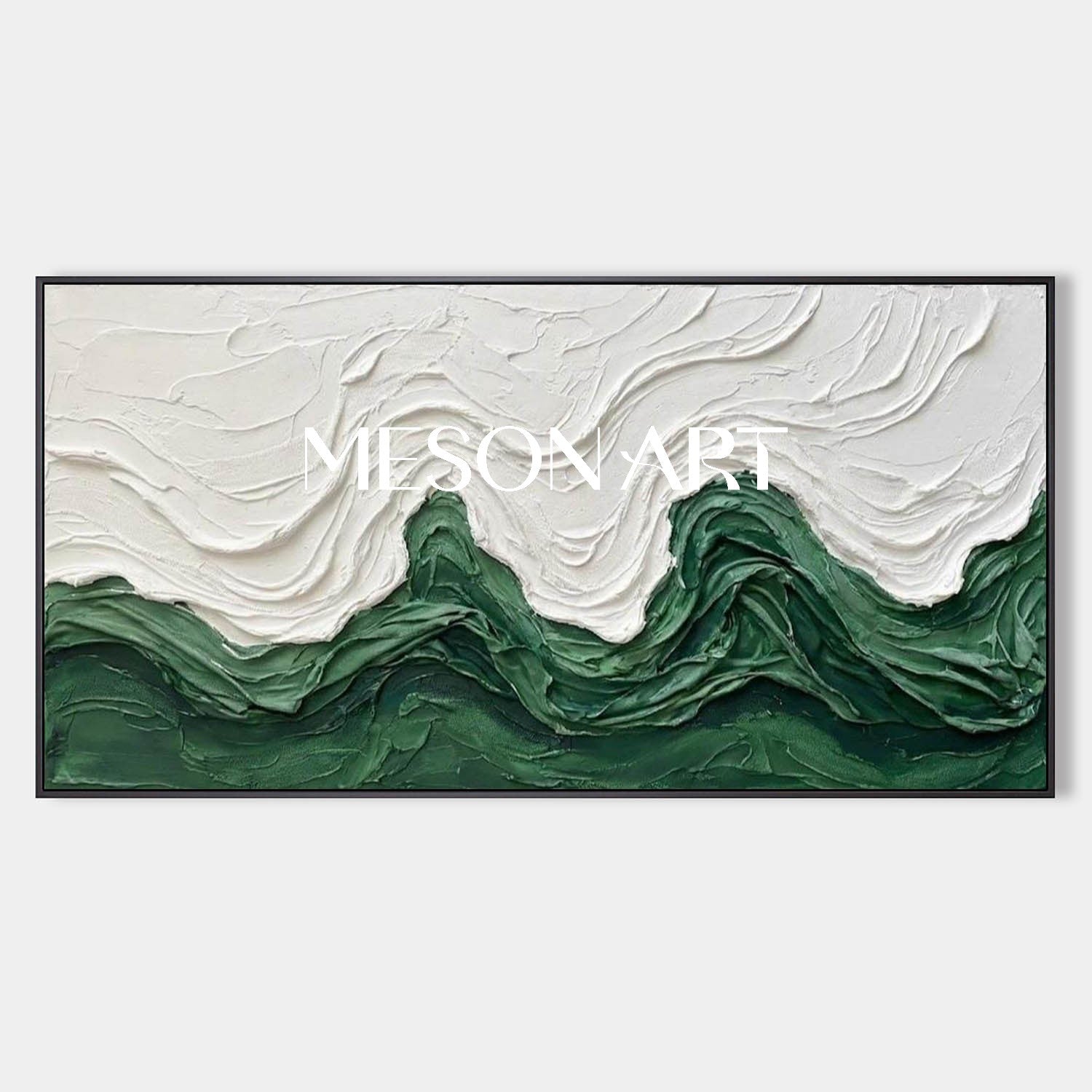 Long Horizontal Abstract Wave Art | Framed Textured Emerald Green Canvas