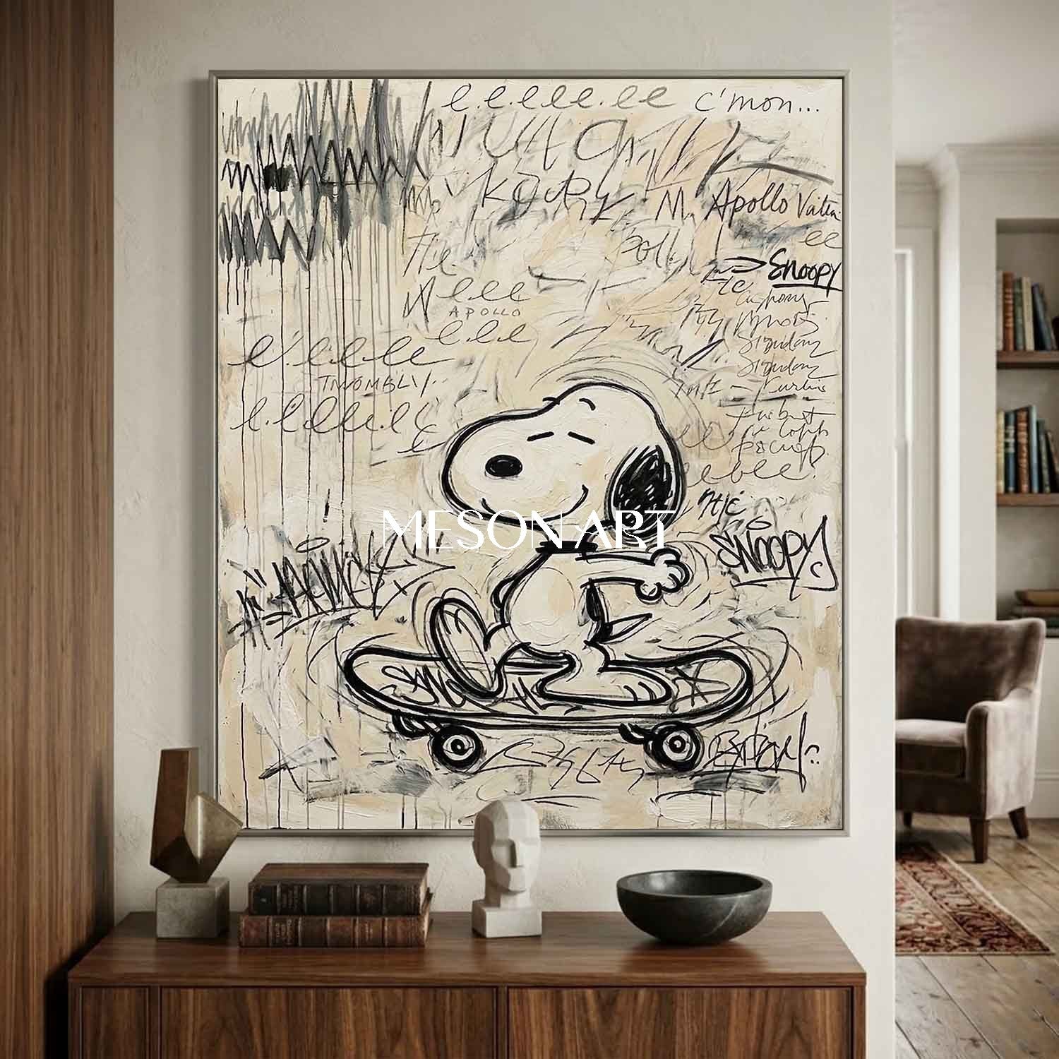 Original Skateboard Snoopy Oil Painting Graffiti Wall Art Kids Room