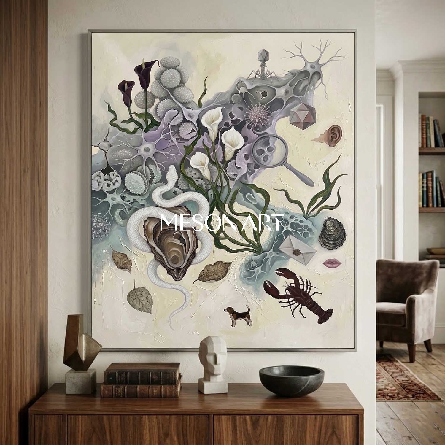 Beige Surreal Biological Hand-Painted Framed Canvas Large Art Entryway