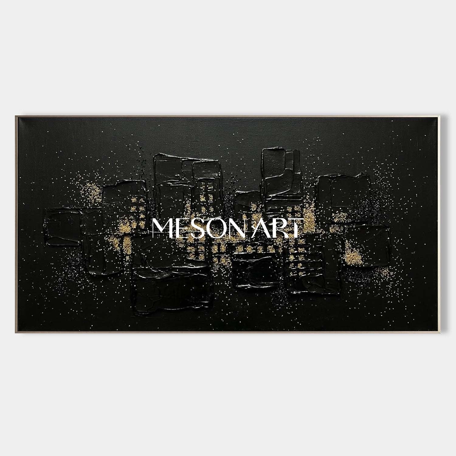 Impasto Geometric City Night Canvas Panoramic Black Gold Cityscape Canvas Art