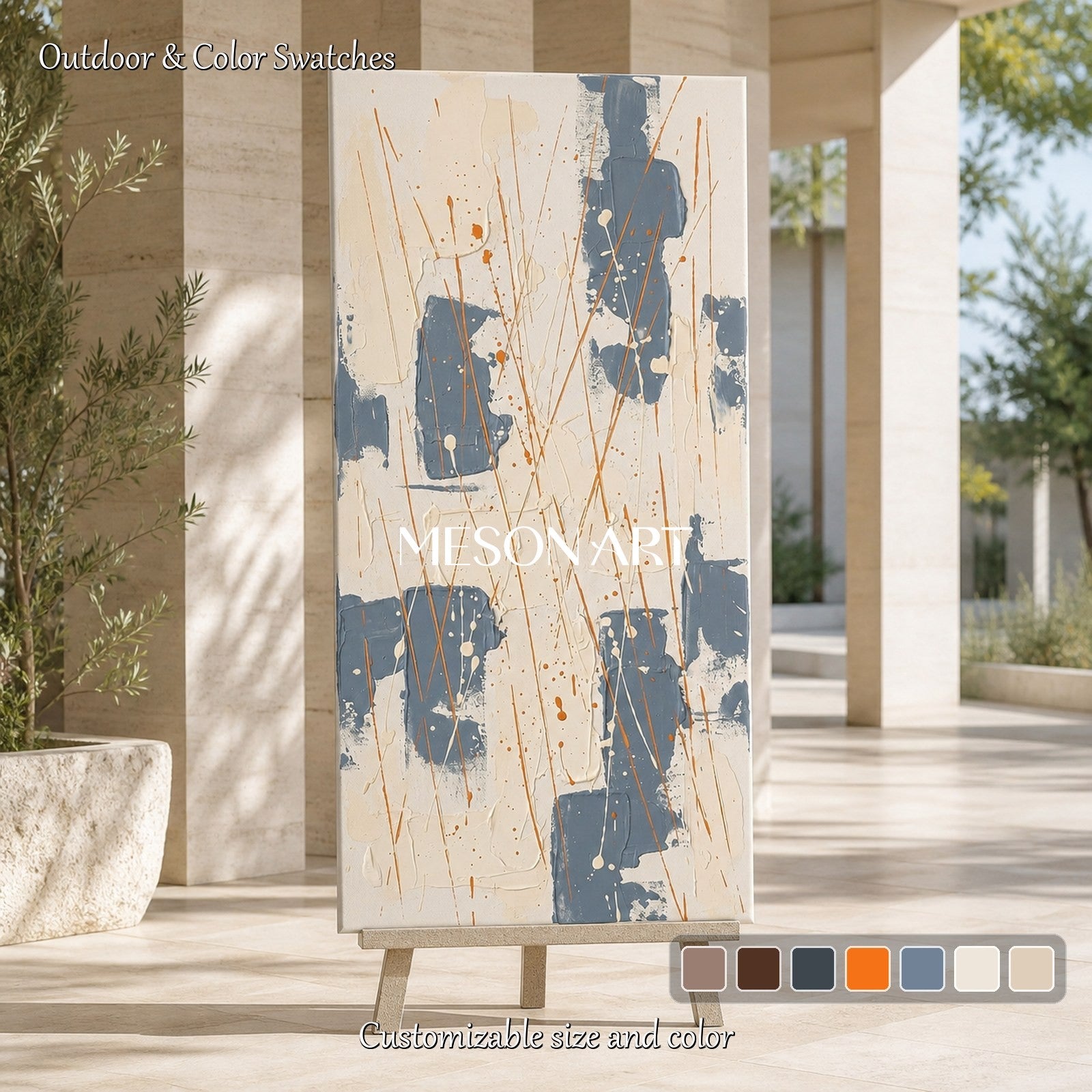 Beige And Blue Abstract Painting Inspired By Jackson Pollock Style Action Art Panoramic Wall Decor For Living Room By Mesonart